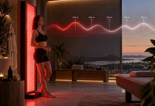 Red light therapy wavelength chart comparing 630 nm, 660 nm, 810 nm, 830 nm and 850 nm red and near-infrared light