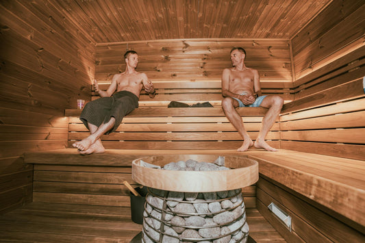 sauna with 2 people sitting inside