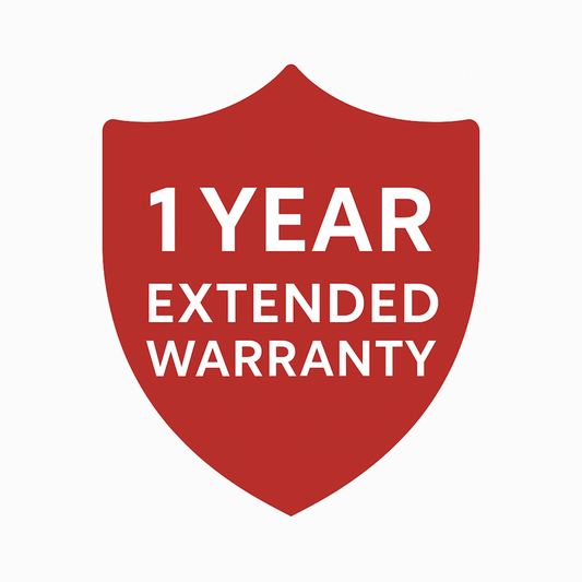 Red shield-shaped logo with '1 Year Extended Warranty' text on a white background