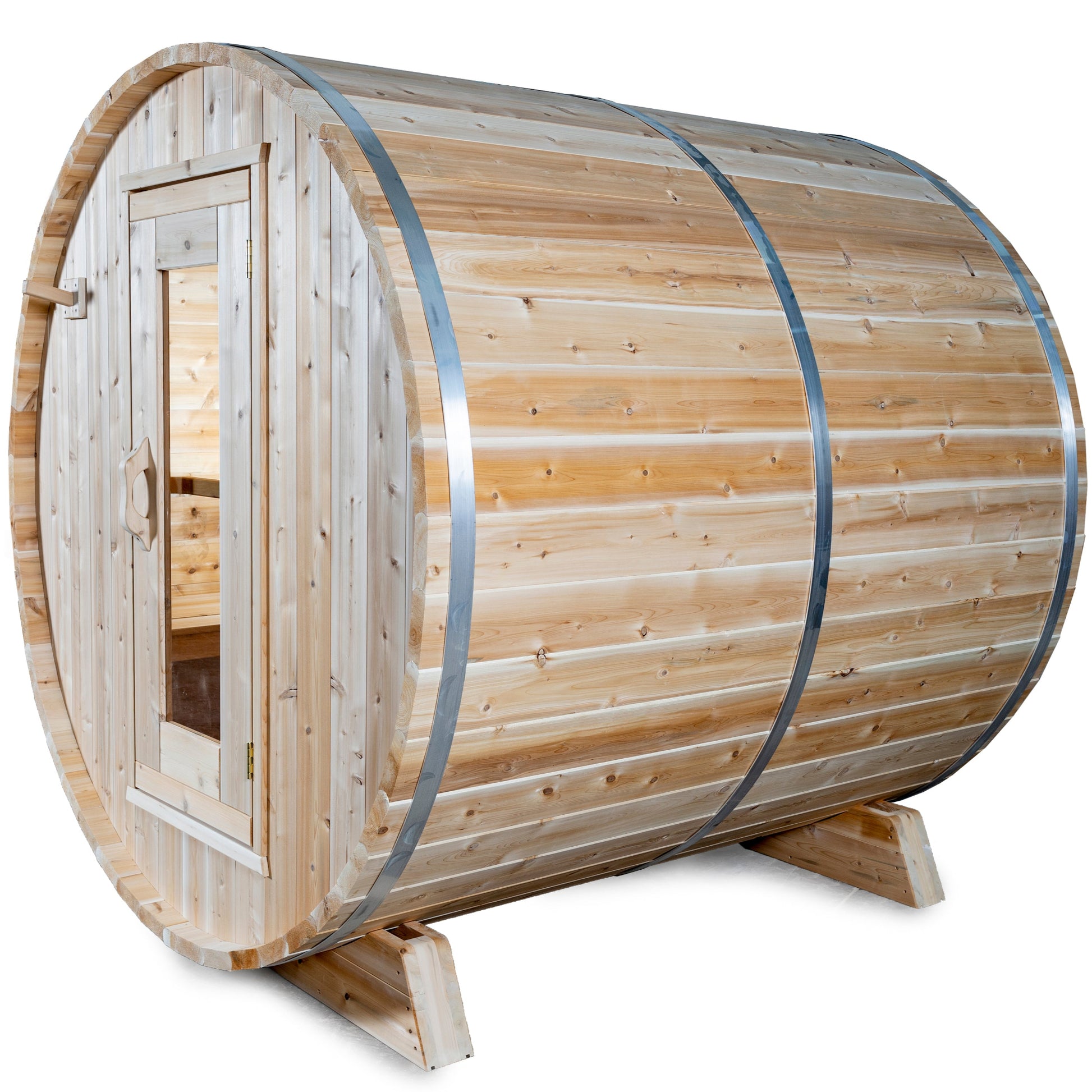 Wooden barrel sauna with a natural cedar finish, set against a clean white background, showcasing its curved design and front glass door.