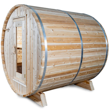 Wooden barrel sauna with a natural cedar finish, set against a clean white background, showcasing its curved design and front glass door.