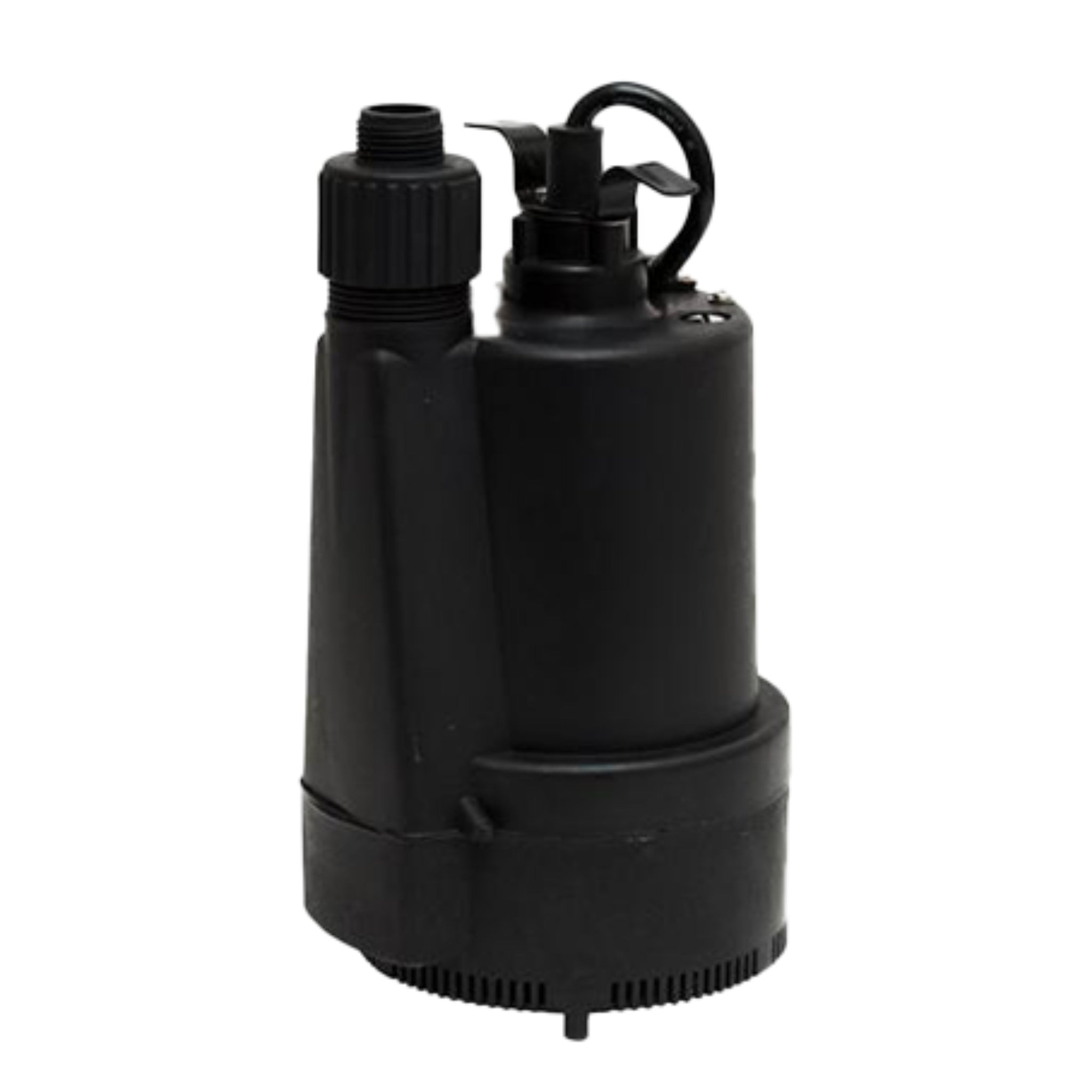 Black submersible pump for pools, spas, and water circulation on a white background