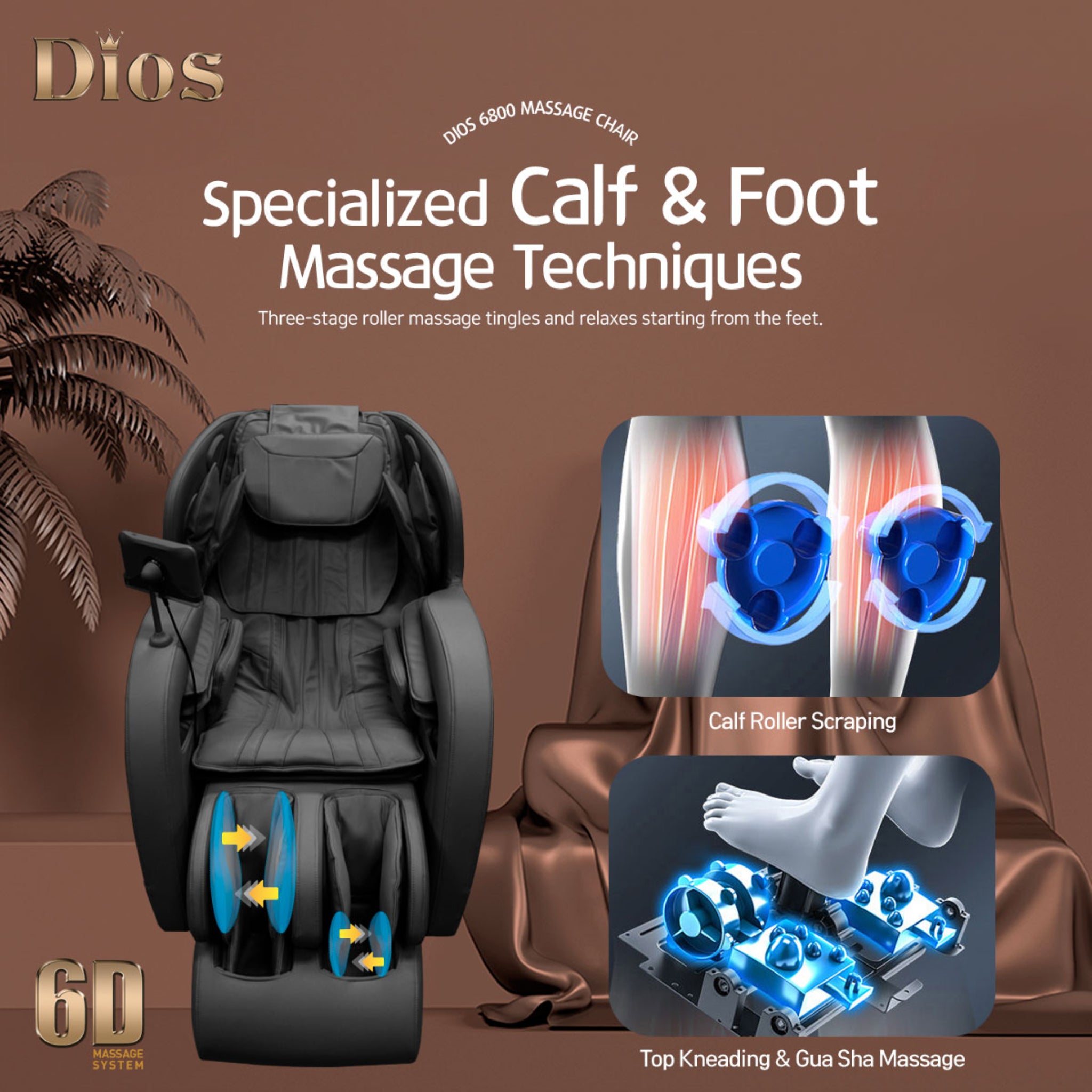 DIOS 6800 massage chair with specialized 6D calf and foot massage technology, featuring roller and kneading functions, highlighted in a modern lifestyle ad
