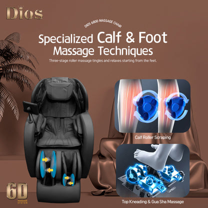 DIOS 6800 massage chair with specialized 6D calf and foot massage technology, featuring roller and kneading functions, highlighted in a modern lifestyle ad
