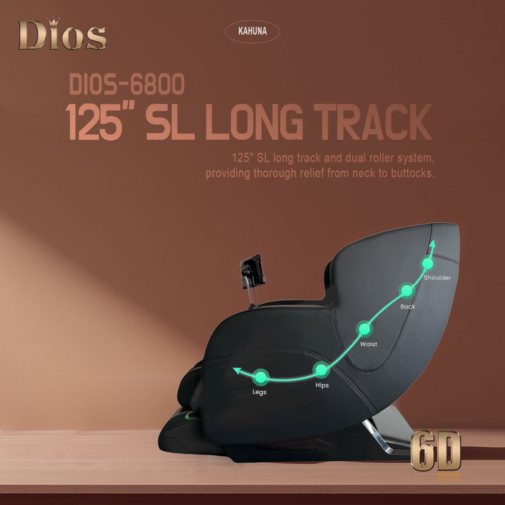DIOS 6800 massage chair with 125" SL long track design, featuring advanced 6D dual roller system for full-body massage from neck to glutes, showcased in a modern lifestyle ad