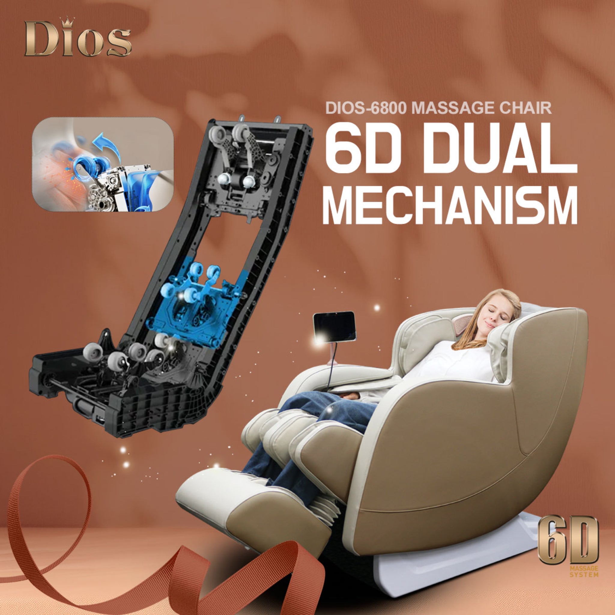 DIOS 6800 massage chair in beige, featuring advanced 6D dual mechanism technology with a woman relaxing, highlighted in a modern lifestyle ad