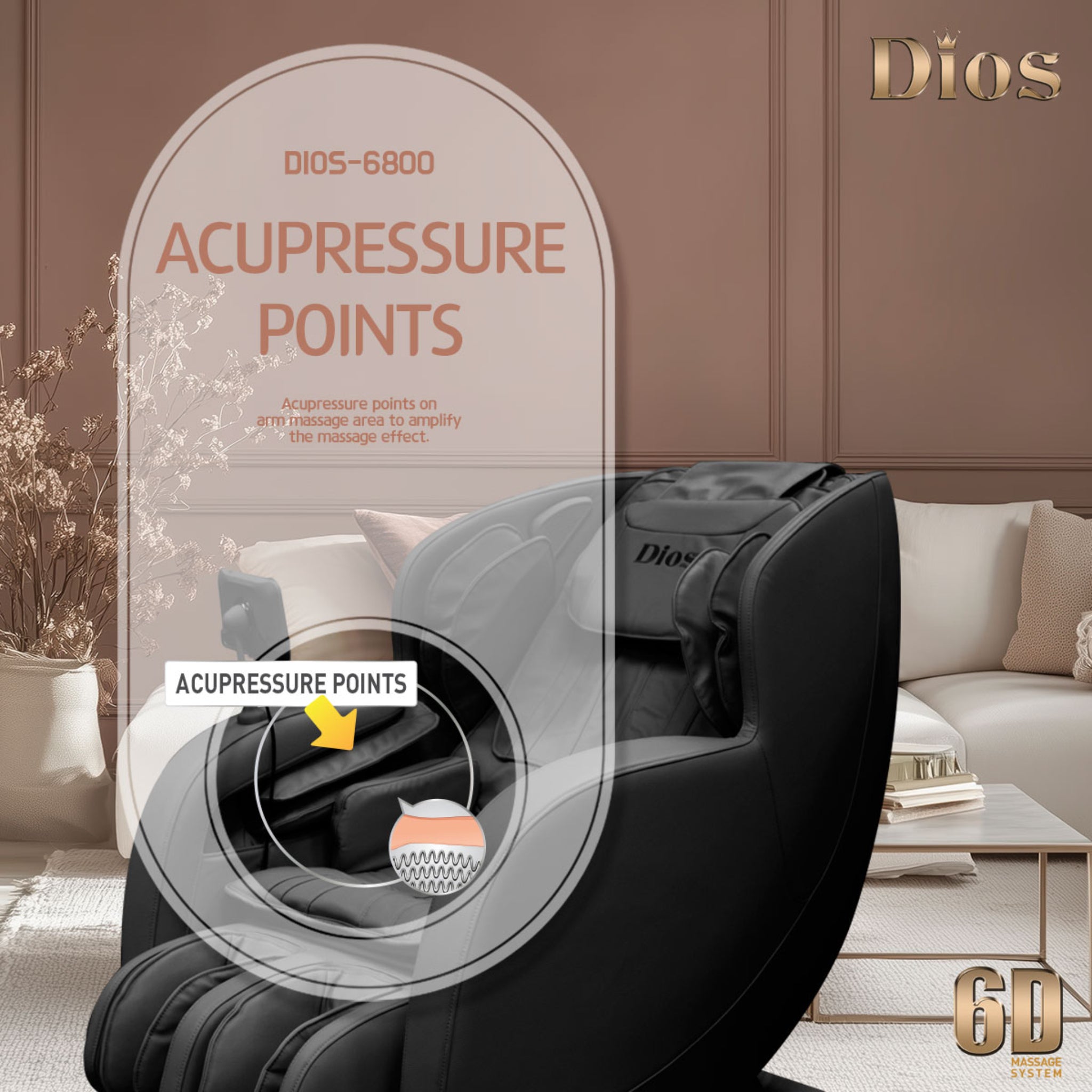 DIOS 6800 massage chair in black, featuring acupressure points system for targeted relief, highlighted in a modern lifestyle ad