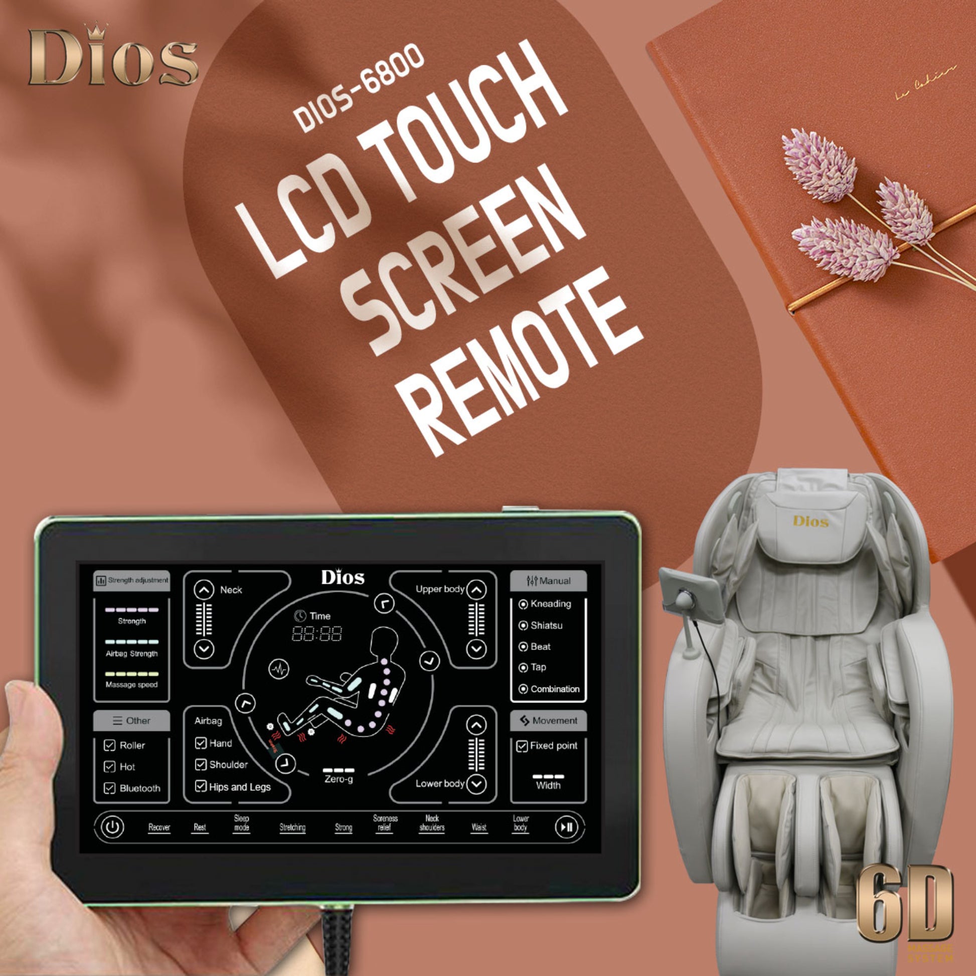 DIOS 6800 massage chair in beige with advanced 6D features, paired with LCD touchscreen remote control for customized settings, highlighted in a modern lifestyle ad