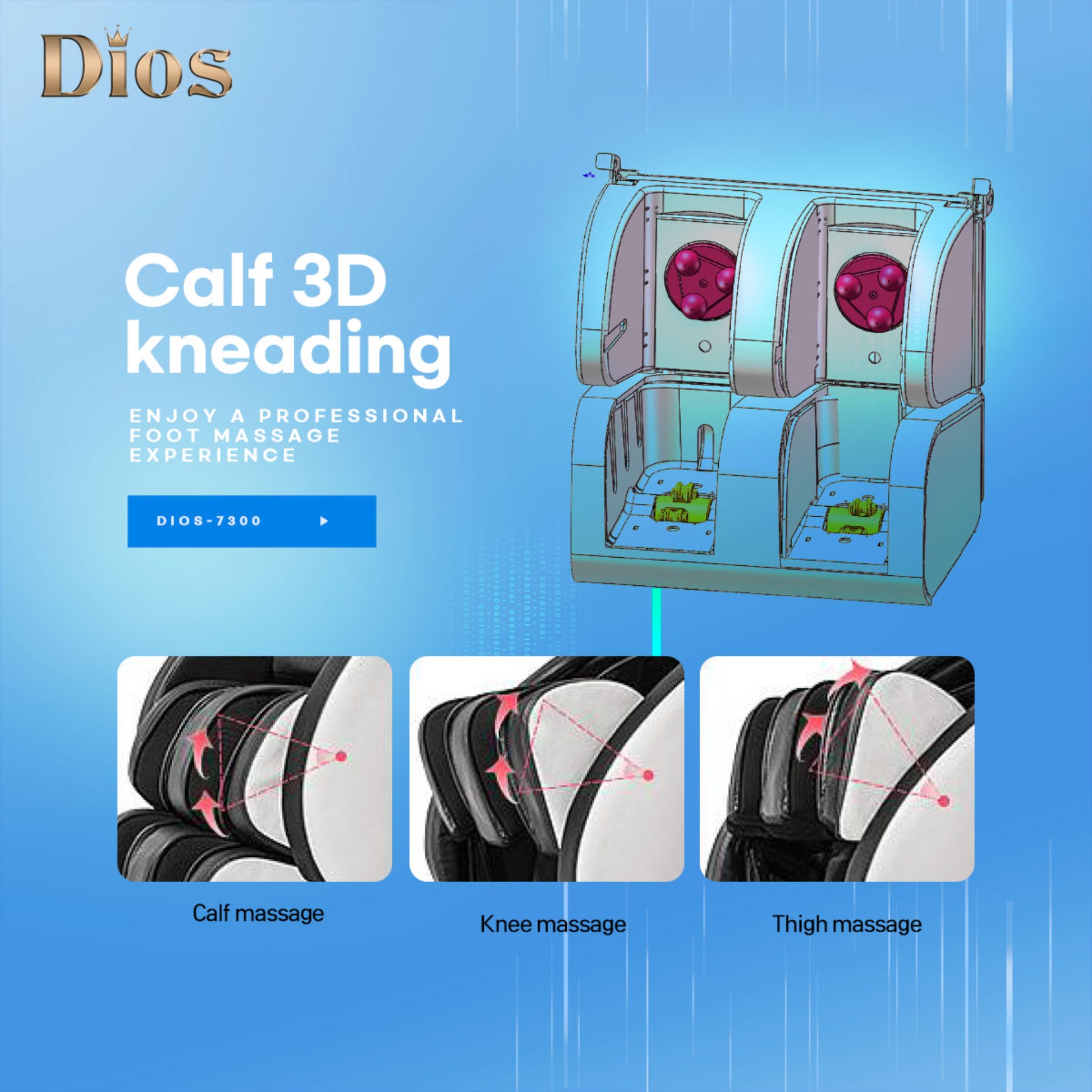 DIOS 7300 massage chair calf 3D kneading technology ad, showcasing professional massage features for calf, knee, and thigh relaxation on a blue gradient background