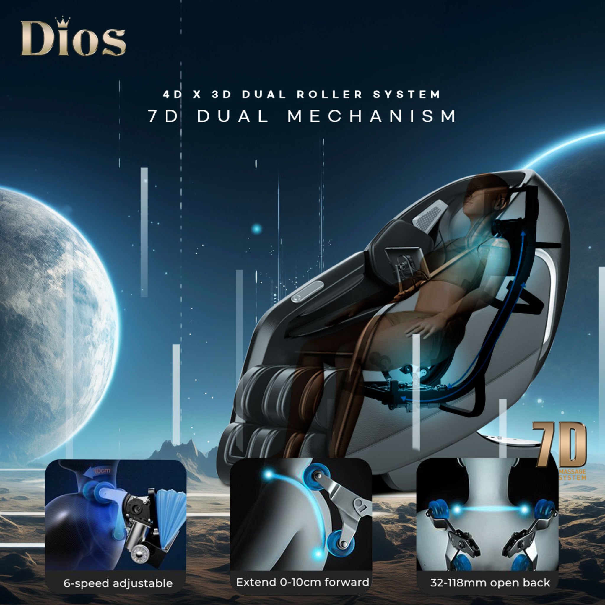 DIOS 7300 massage chair with 4D X 3D dual roller system and 7D dual mechanism, featuring adjustable massage functions for calf, knee, and back relaxation, displayed on a futuristic space-themed background