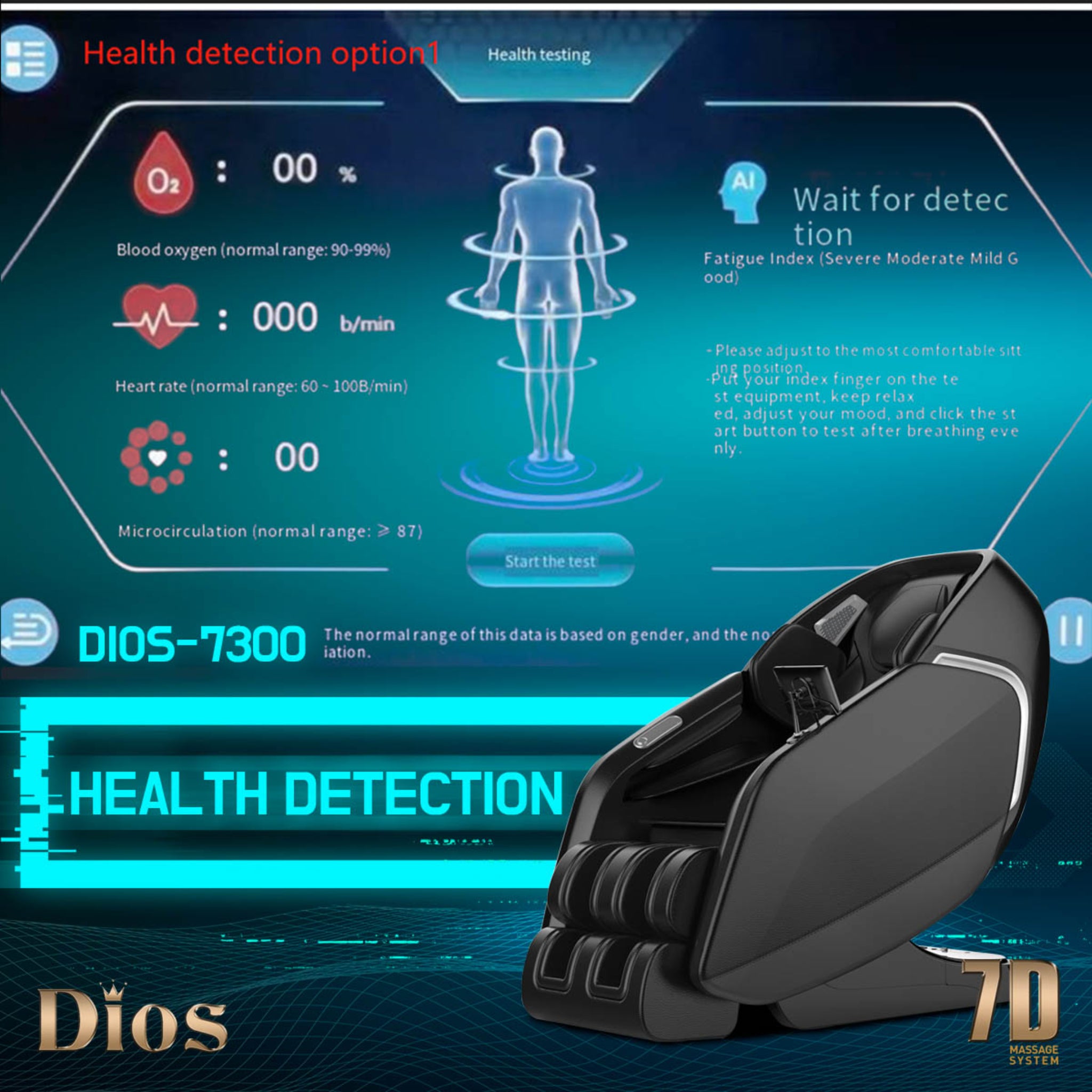 DIOS 7300 massage chair with integrated health detection system, showcasing real-time biometric monitoring for blood oxygen, heart rate, fatigue, and circulation, displayed on a futuristic digital interface background