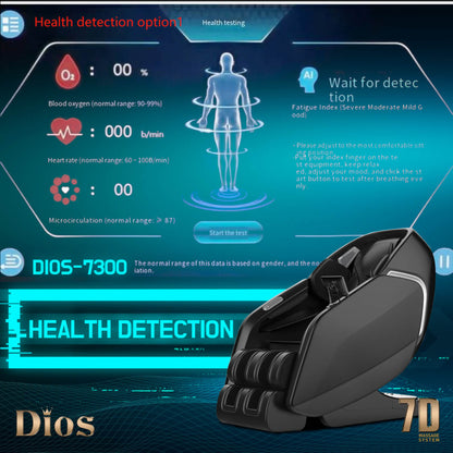 DIOS 7300 massage chair with integrated health detection system, showcasing real-time biometric monitoring for blood oxygen, heart rate, fatigue, and circulation, displayed on a futuristic digital interface background