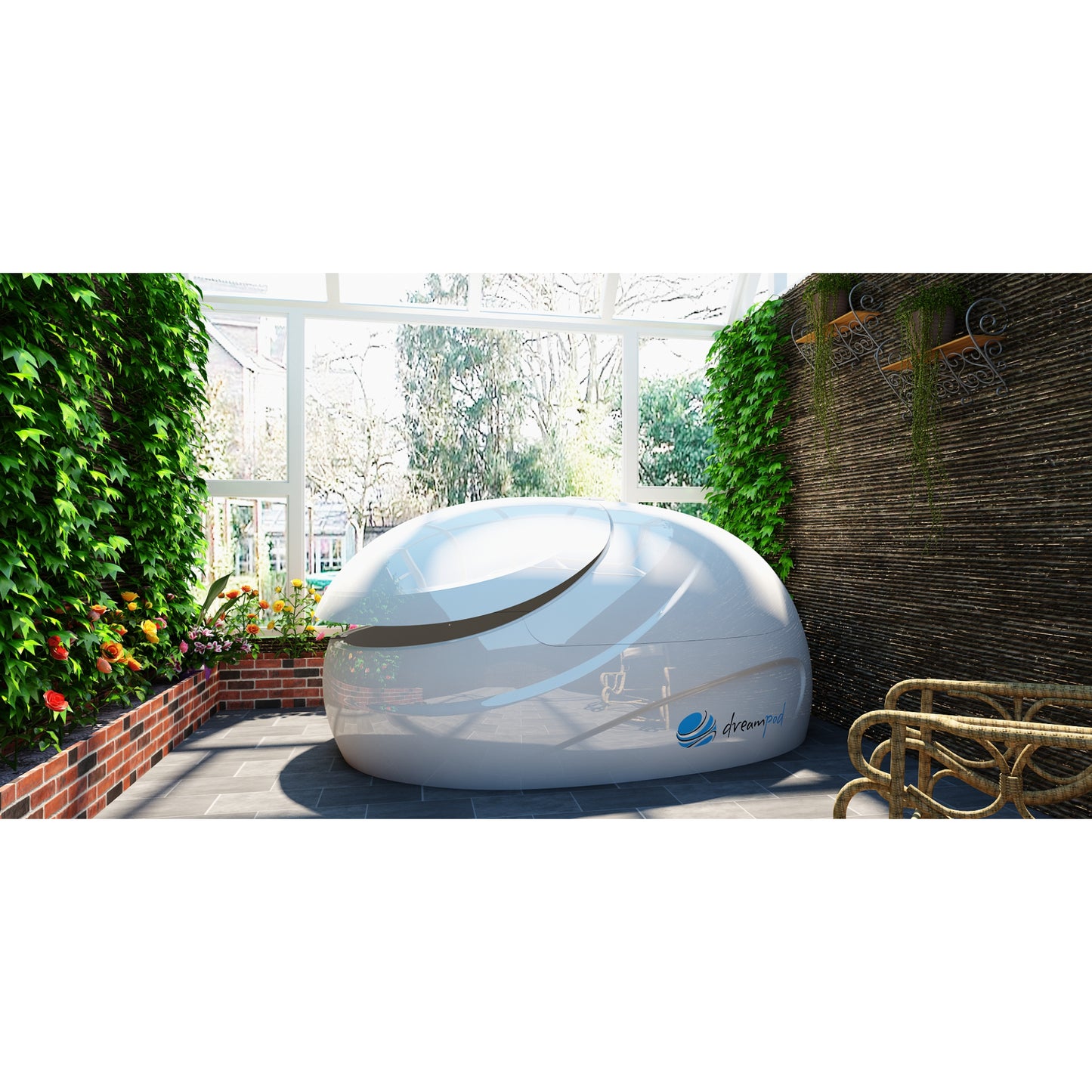 Dreampod float pod with sleek white finish, placed in a lush garden wellness space surrounded by greenery, plants, and natural light for relaxation therapy
