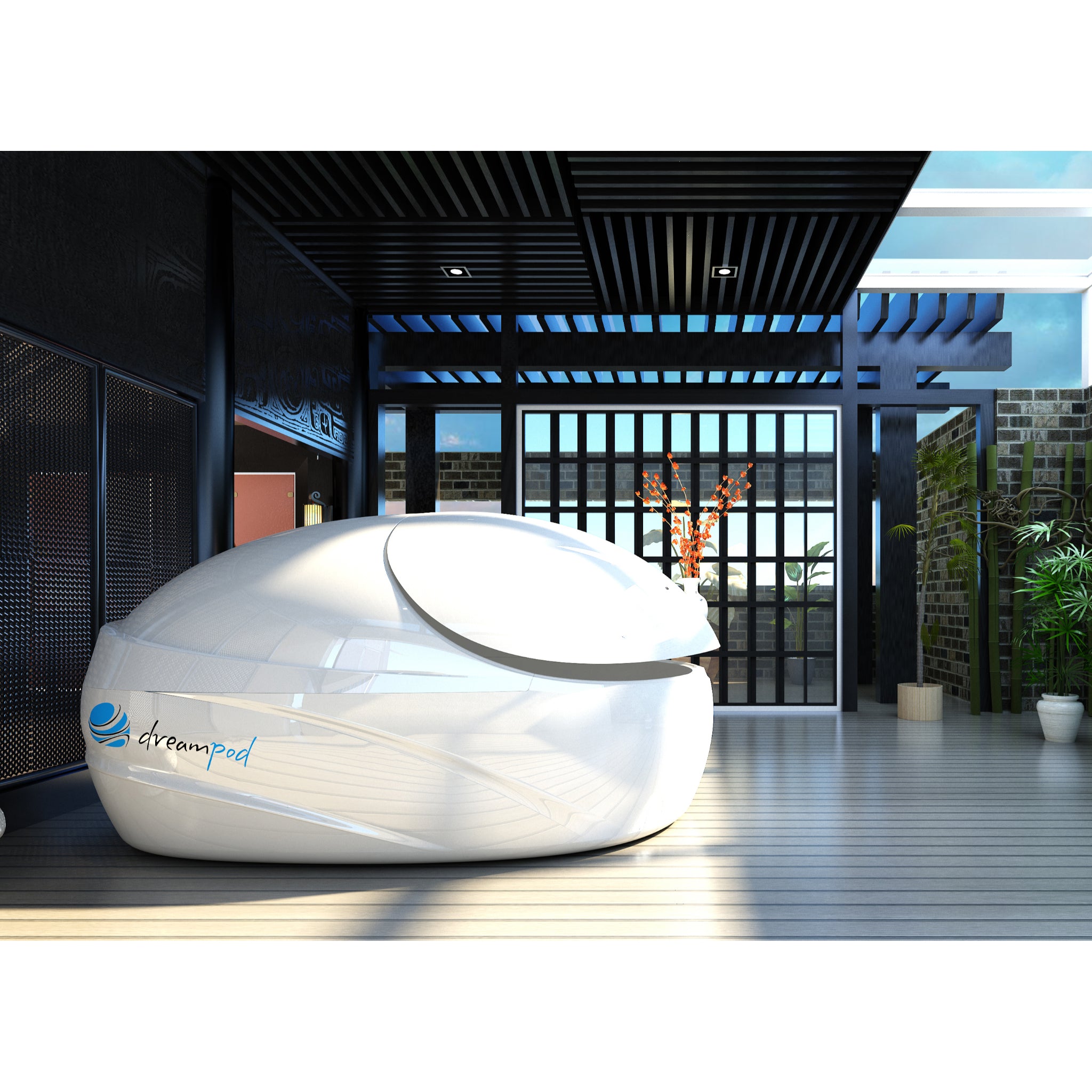 Dreampod float pod with sleek white finish placed in a modern indoor wellness space with wood flooring, open ceiling beams, and natural light for relaxation therapy