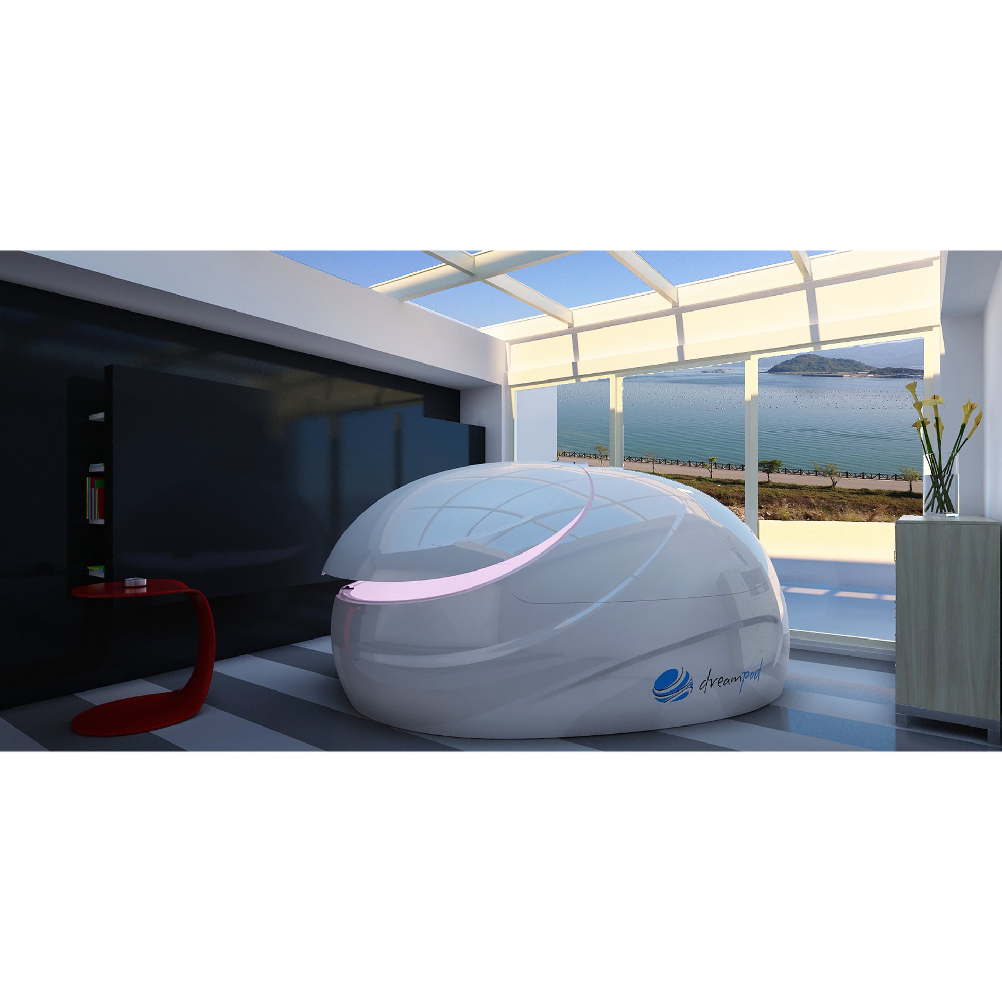 Dreampod float pod with sleek white shell and pink LED accent lighting, placed in a modern wellness space with skylight ceiling and outdoor view for relaxation therapy