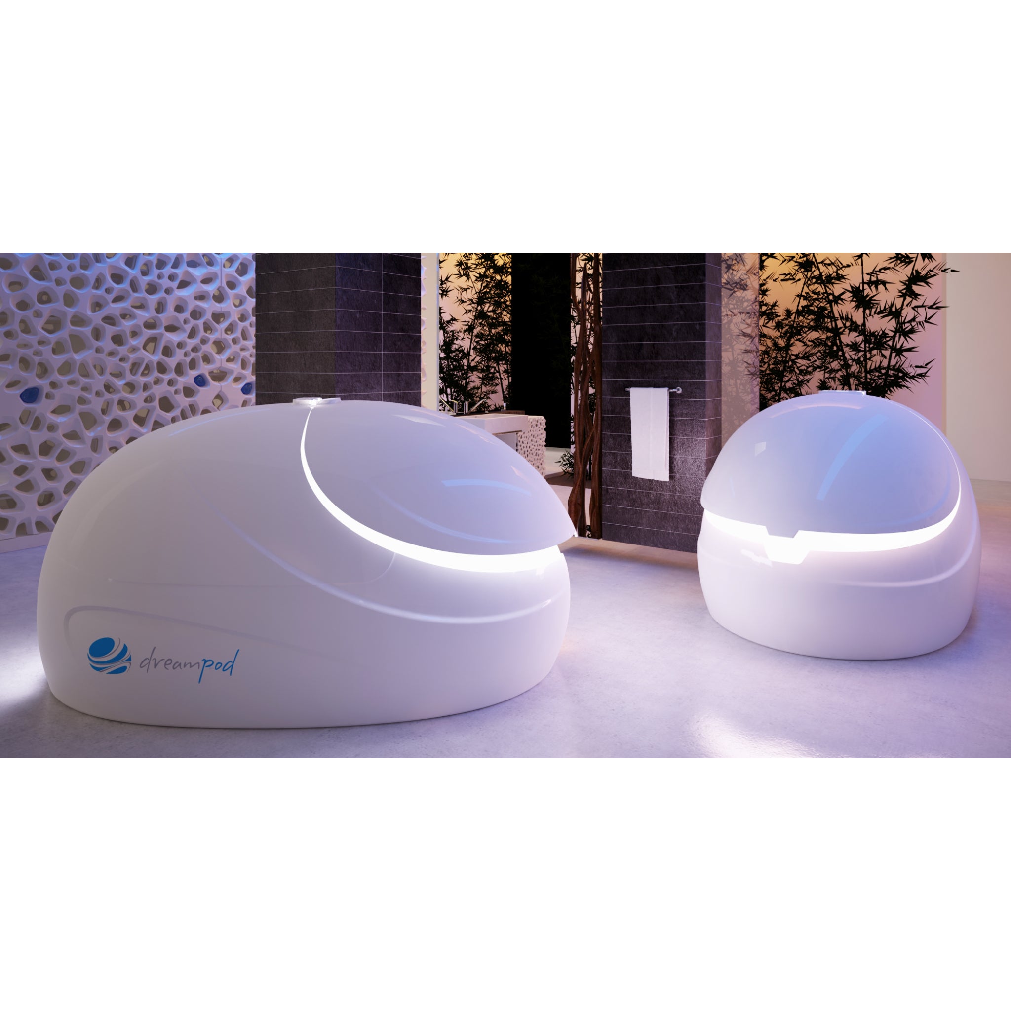 Two Dreampod float pods with white finish and LED lighting, placed in a modern spa room with stone walls and ambient lighting for relaxation therapy