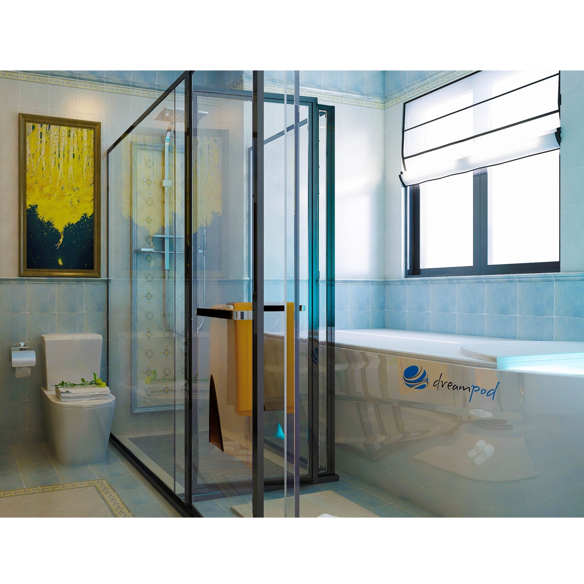 Dreampod ice bath with sleek white exterior, filled with clear blue water, installed inside a modern bathroom with glass shower and marble walls
