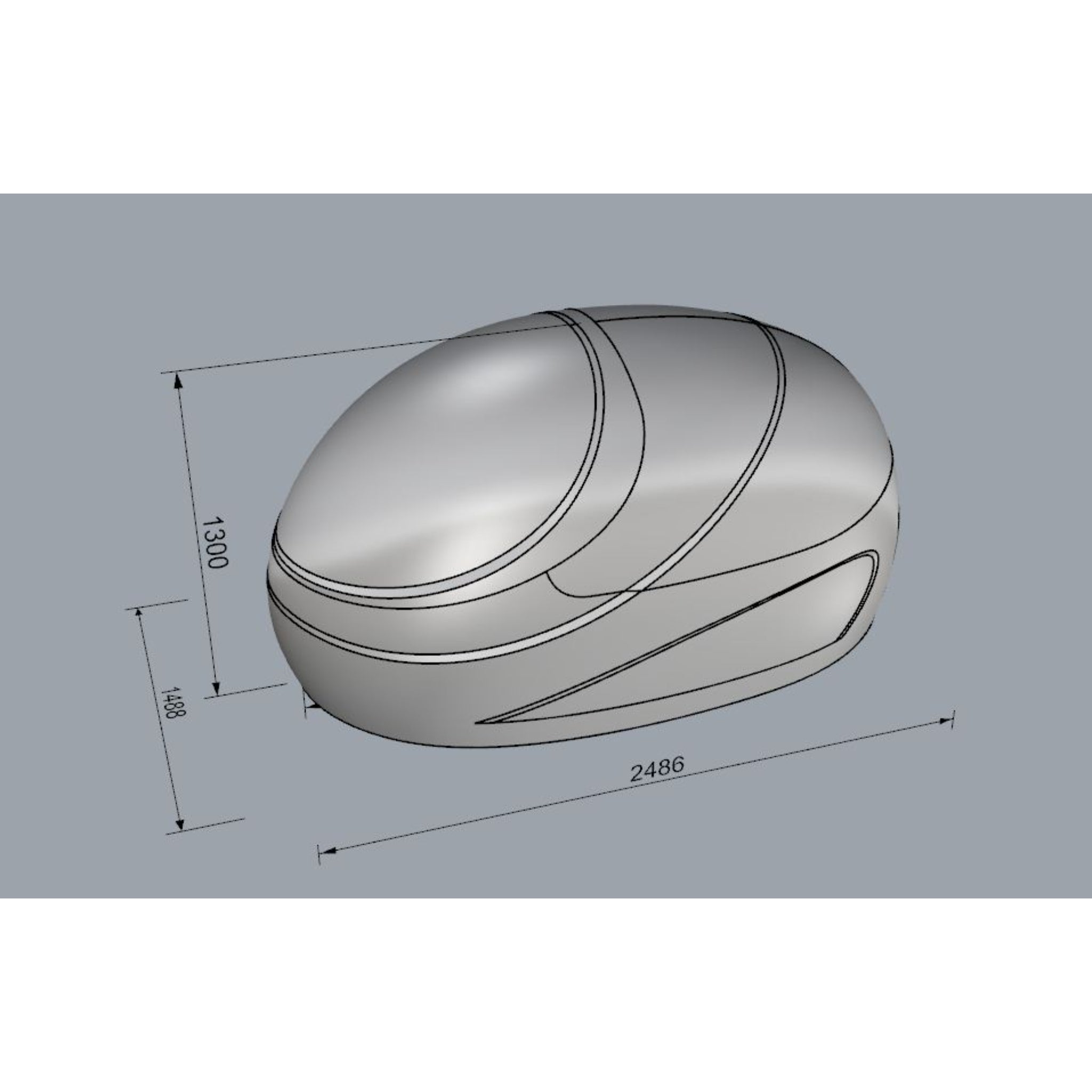 Dreampod Sport float pod 3D rendering with dimensions displayed on a gray background for pool and spa installation planning