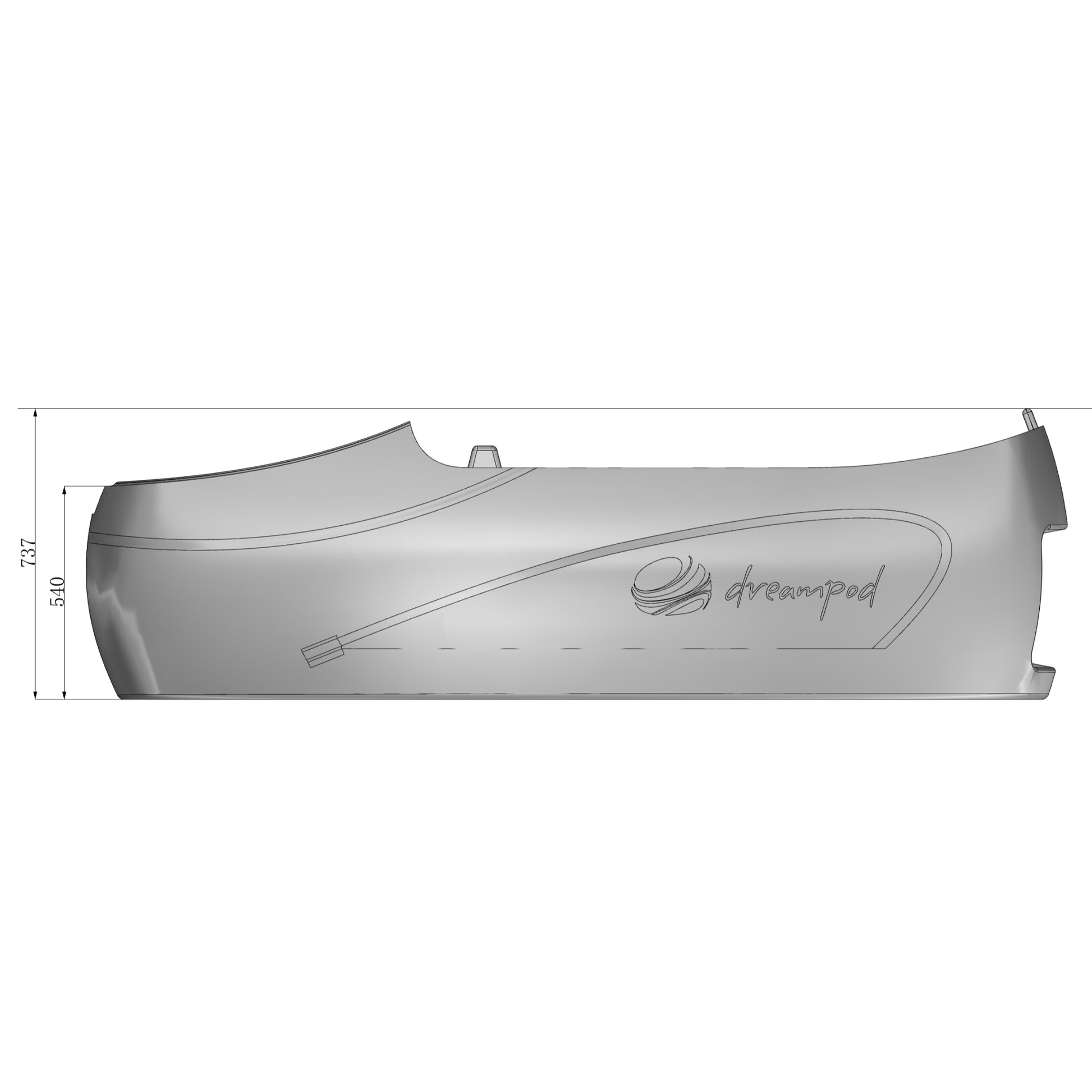 Dreampod Sport float pod side view with technical dimensions displayed on a white background for installation and planning
