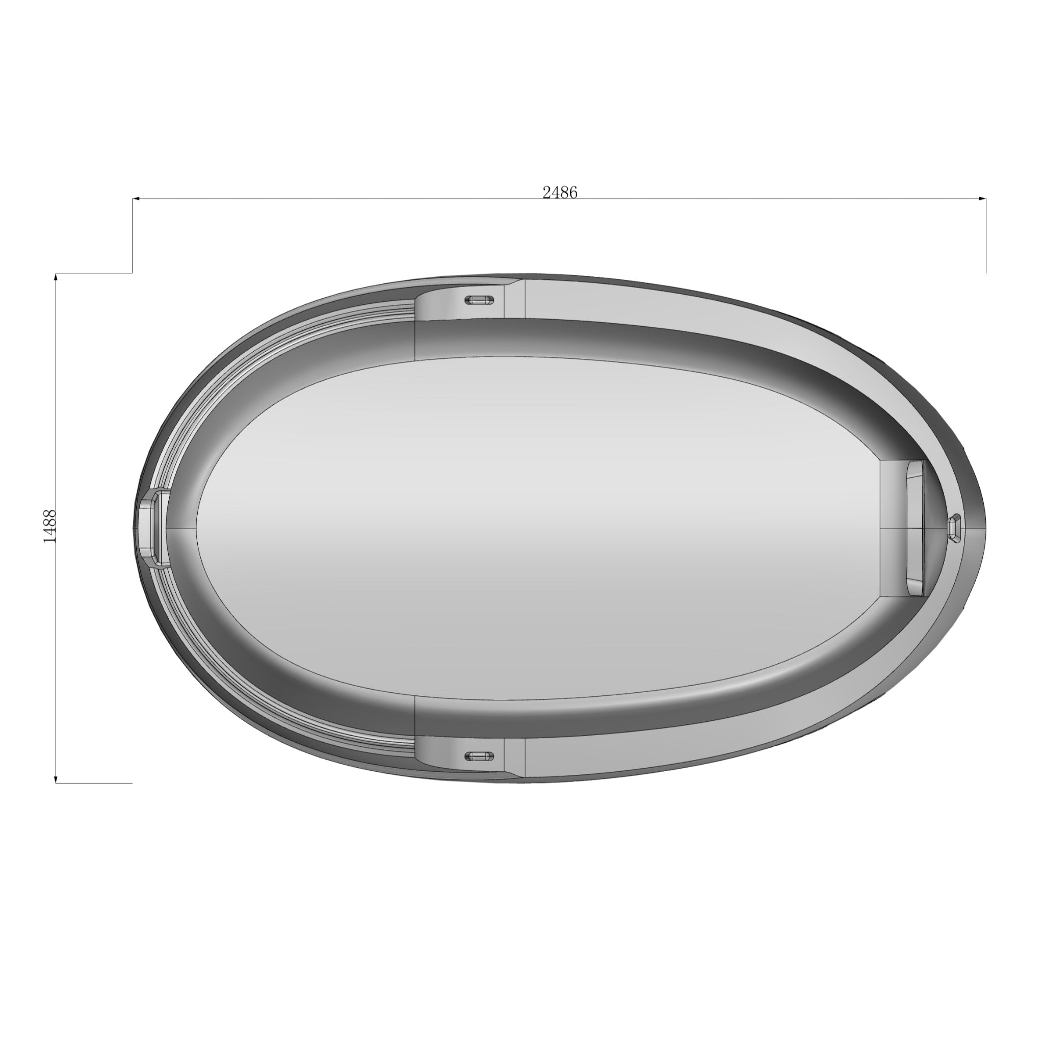 Dreampod Sport float pod top view with technical dimensions displayed on a white background for installation and planning