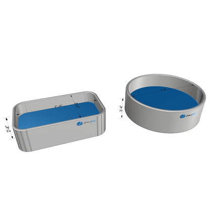 Technical diagram of Dreampod float pools showing rectangular and round models with water interior and measurement dimensions on a white background