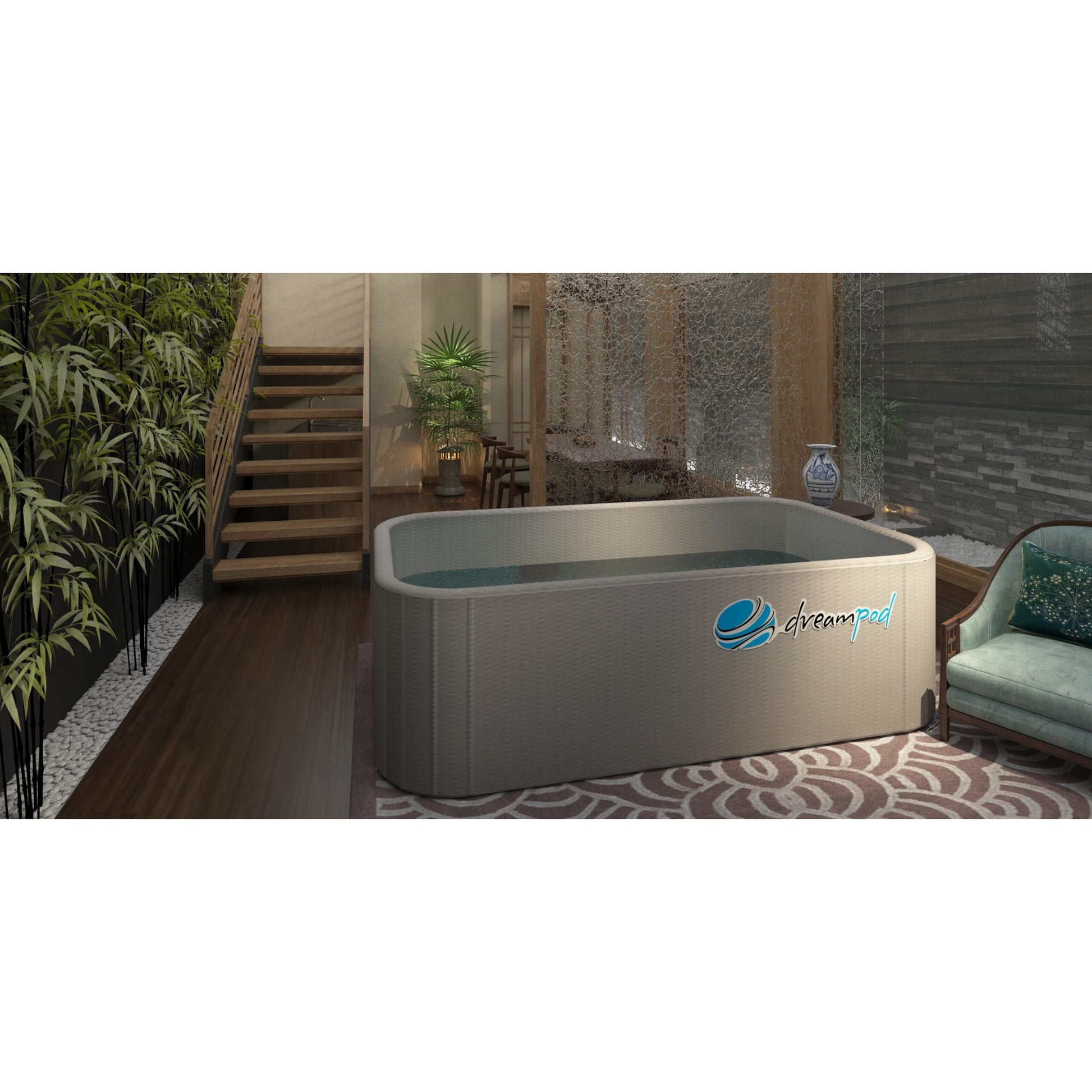 Dreampod indoor float pool beside staircase and lounge chairs in a contemporary spa setting