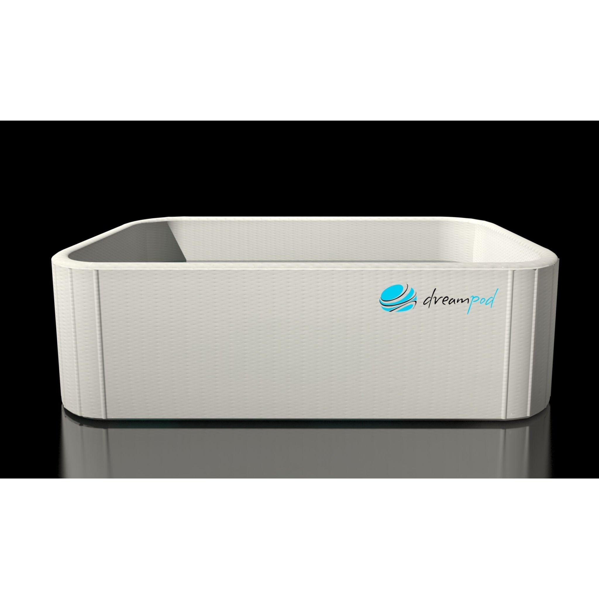 Minimalist Dreampod rectangular float pool in white finish displayed against a black background