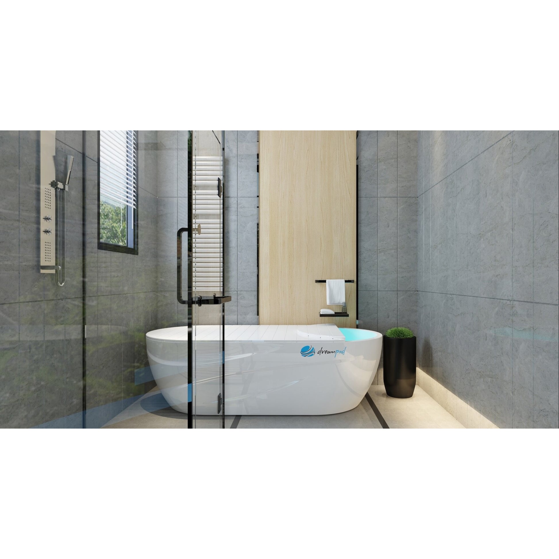 Dreampod round float pool inside a modern bathroom with glass shower enclosure, gray tiled walls, and wooden accents