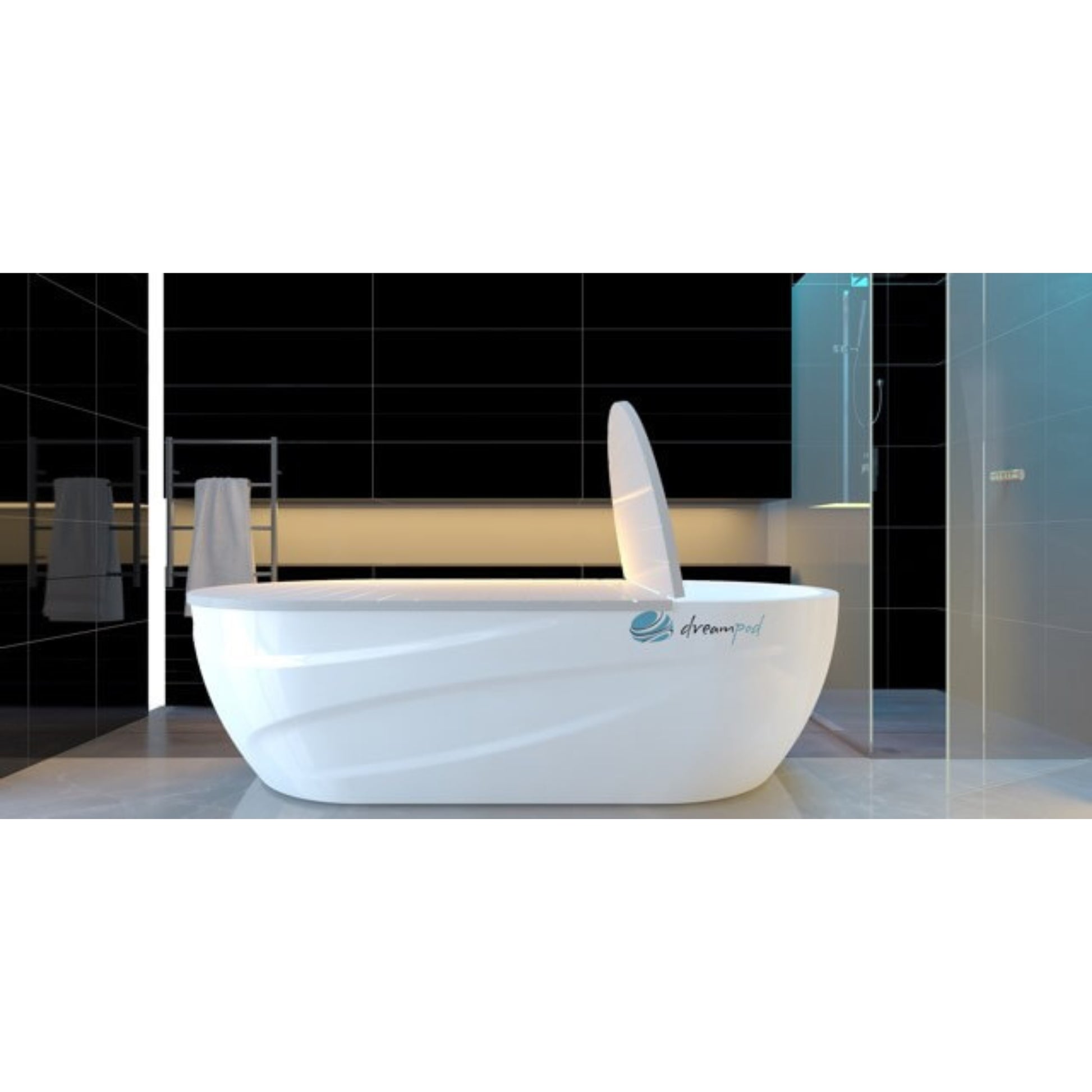 Dreampod round float pool in a modern bathroom with black tiled walls, glass partition, and sleek spa design