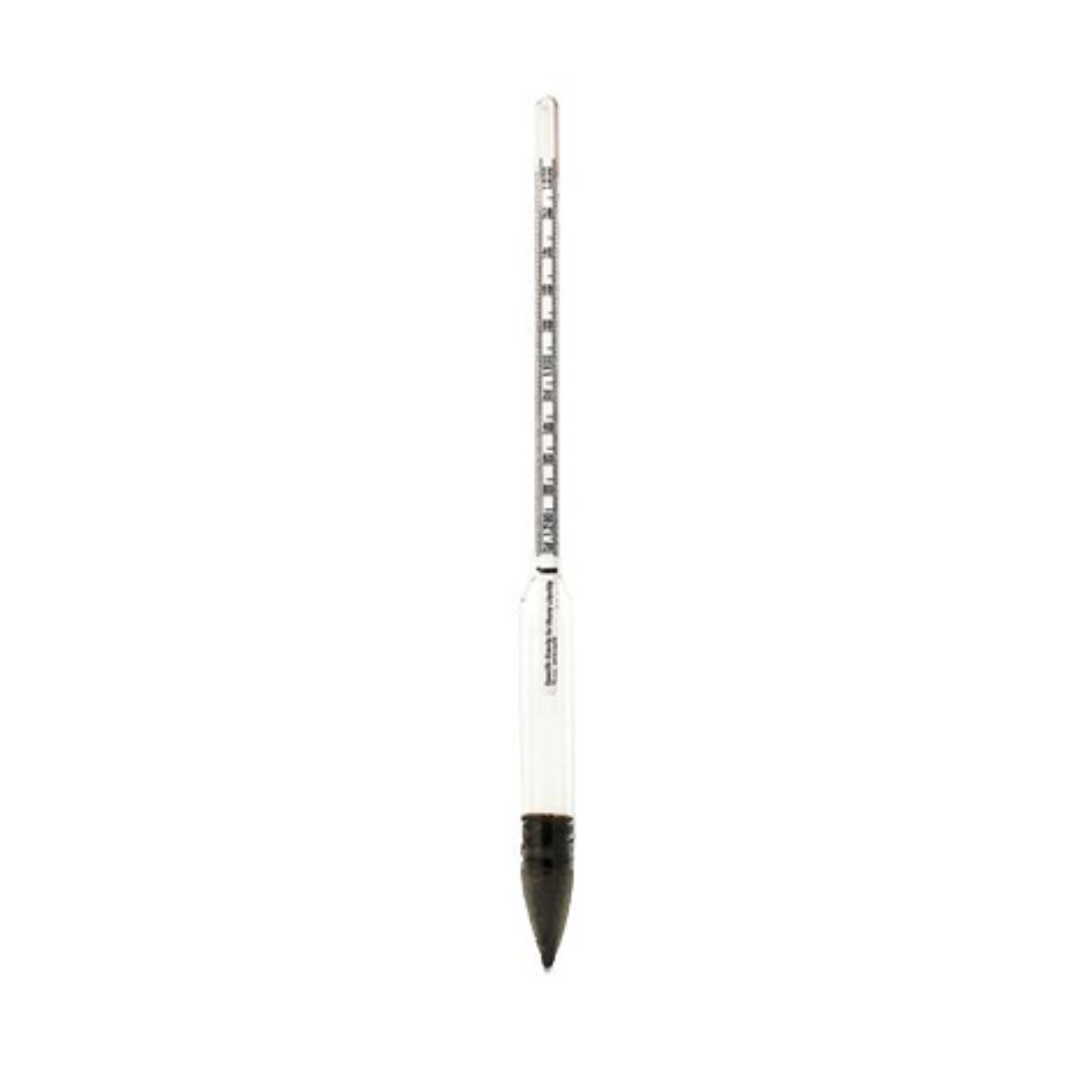 Glass hydrometer with black weighted base for pool and spa water testing on a white background
