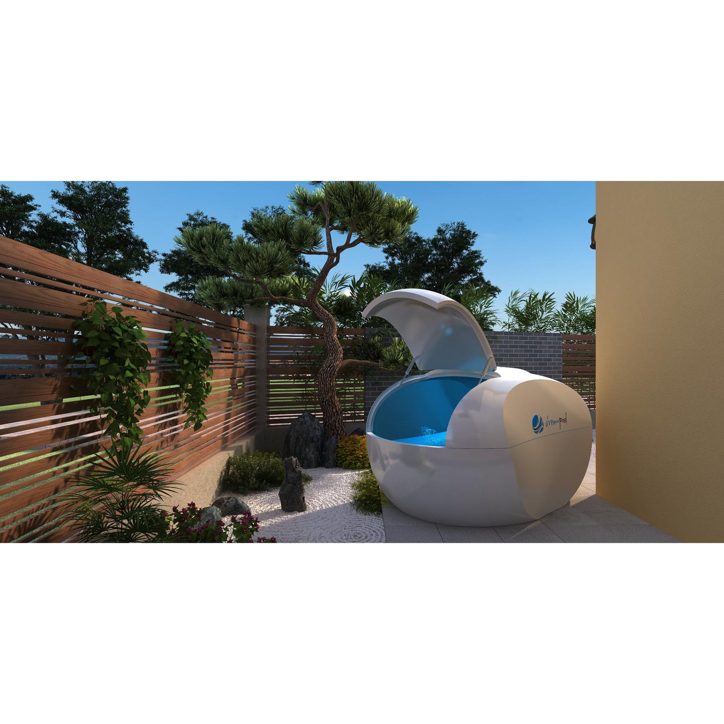 Modern egg-shaped outdoor pool with blue interior and canopy cover, surrounded by wooden fencing and trees in a backyard setting