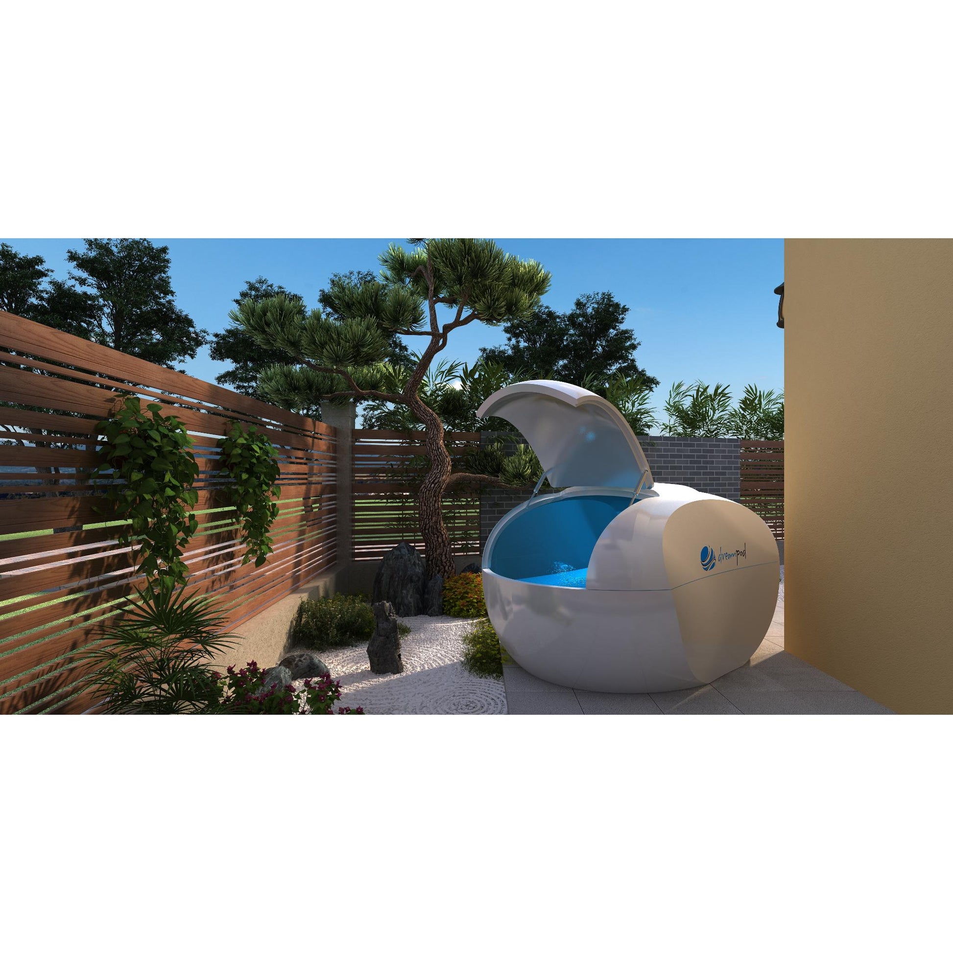Modern egg-shaped outdoor pool with blue interior and canopy cover, surrounded by wooden fencing and trees in a backyard setting