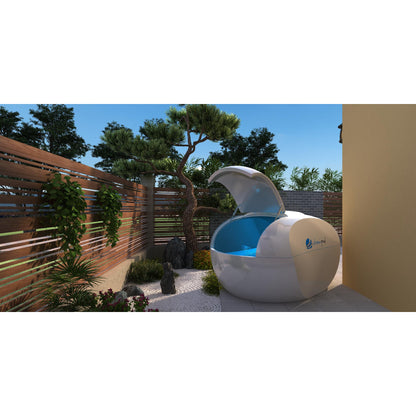 Modern egg-shaped outdoor pool with blue interior and canopy cover, surrounded by wooden fencing and trees in a backyard setting