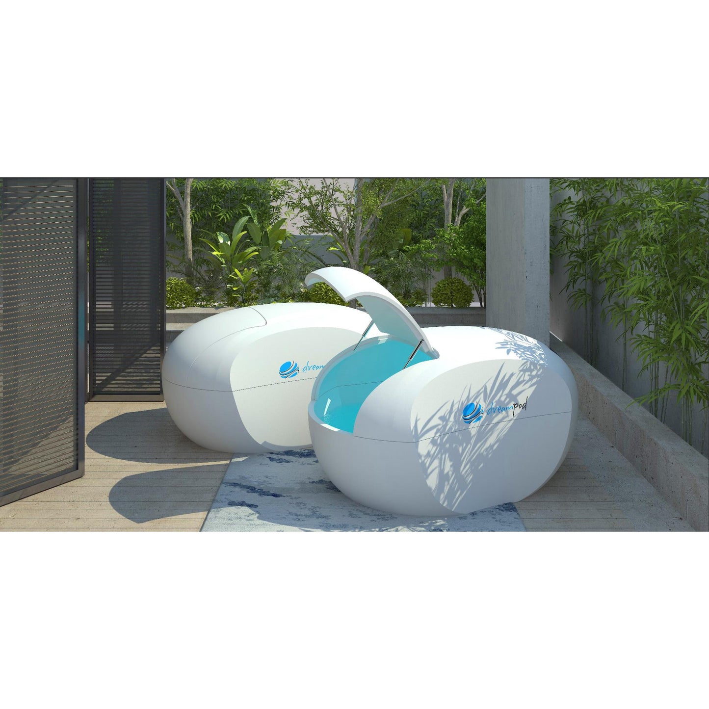 Modern outdoor pool with white shell and blue interior, designed for backyards and wellness spaces, surrounded by greenery