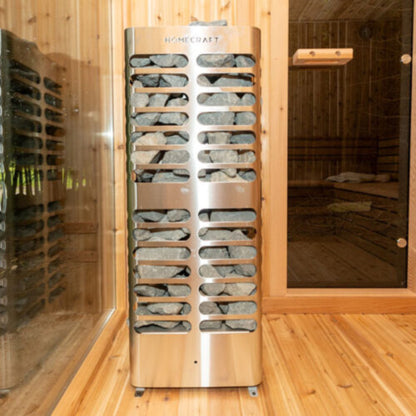 Interior of the Leisurecraft CT Tranquility Barrel Sauna featuring the Homecraft 9kW stone heater, glass door, and natural wood flooring