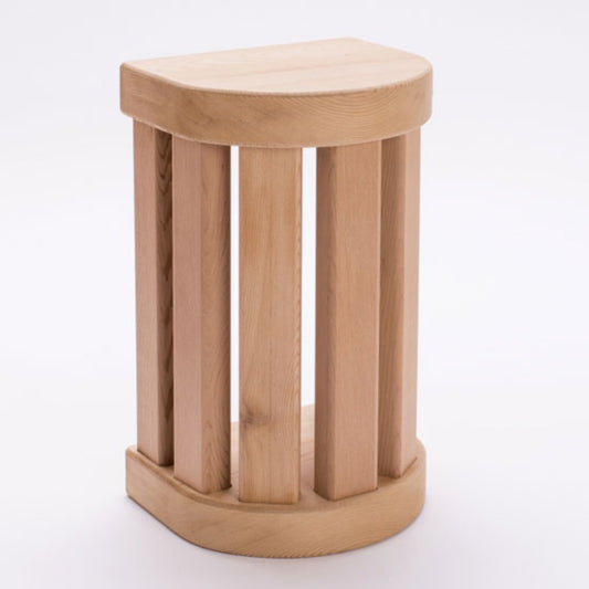 Wooden side table with cylindrical design on a white background