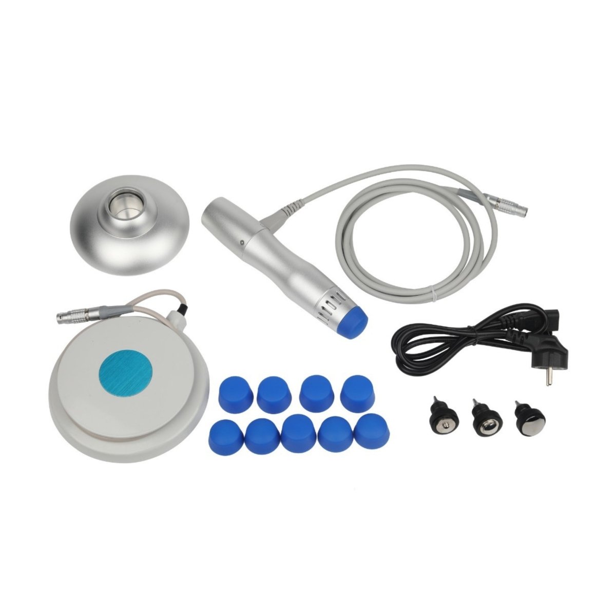 Shockwave therapy attachment discs, multiple treatment heads, and accessory components displayed on white background