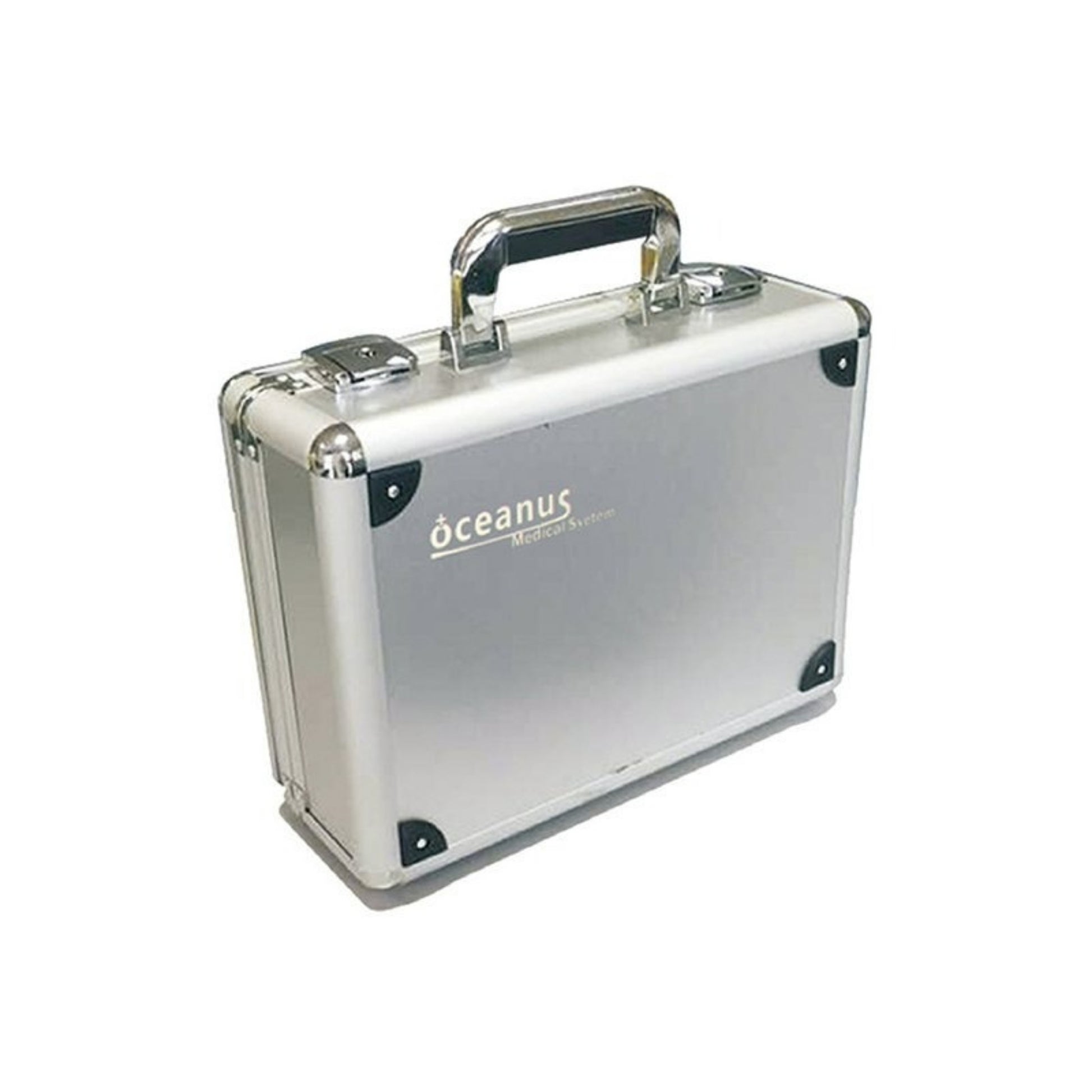 Oceanus America PhysioPRO Shockwave Therapy Device silver carrying case with handle and protective corners on white background