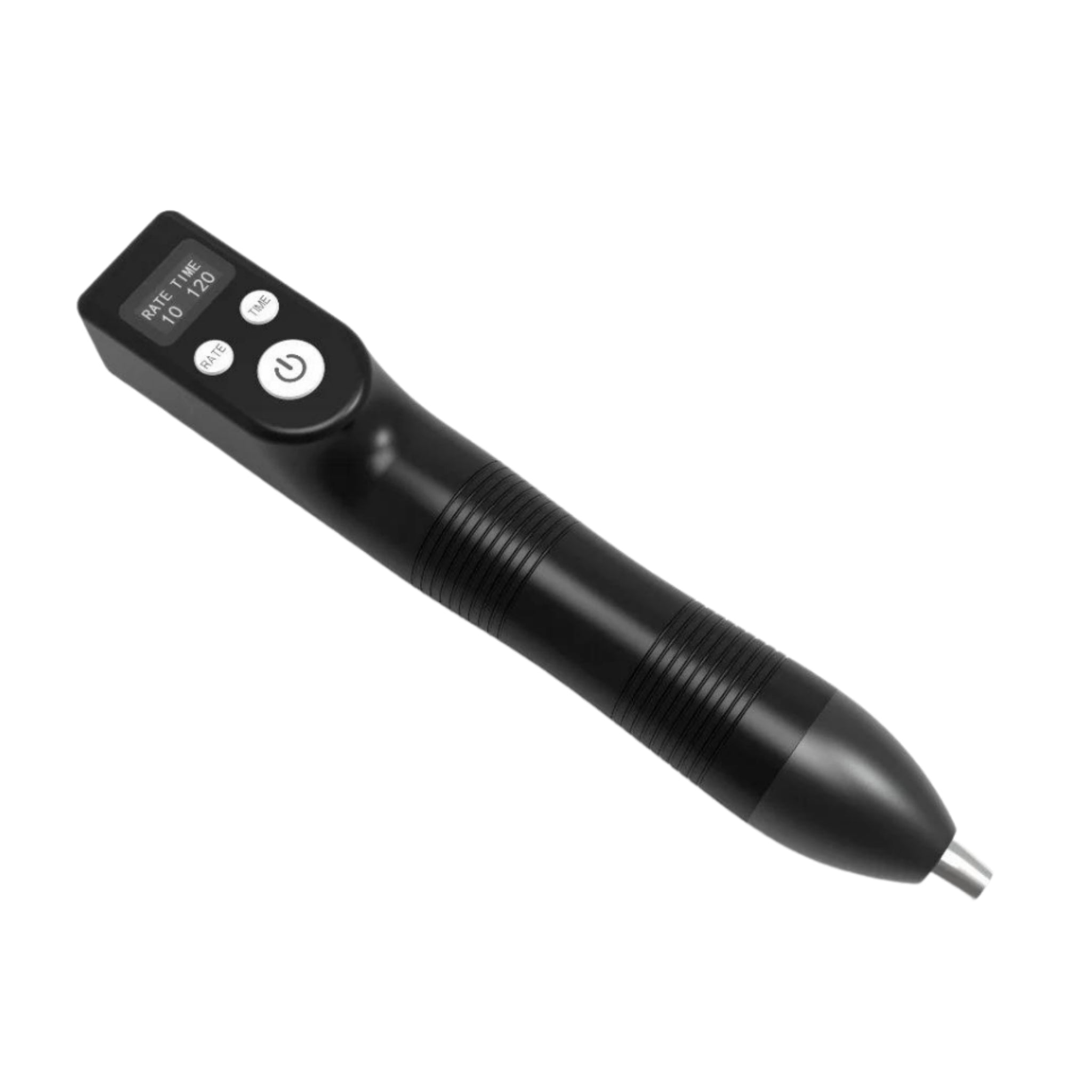 Angled view of black handheld laser therapy device showing display screen, buttons, and treatment tip on a white background