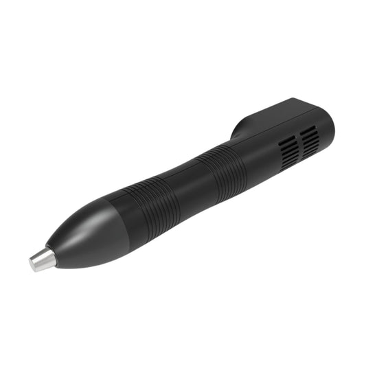 Black handheld laser therapy device with metallic treatment tip and side vent design on a white background