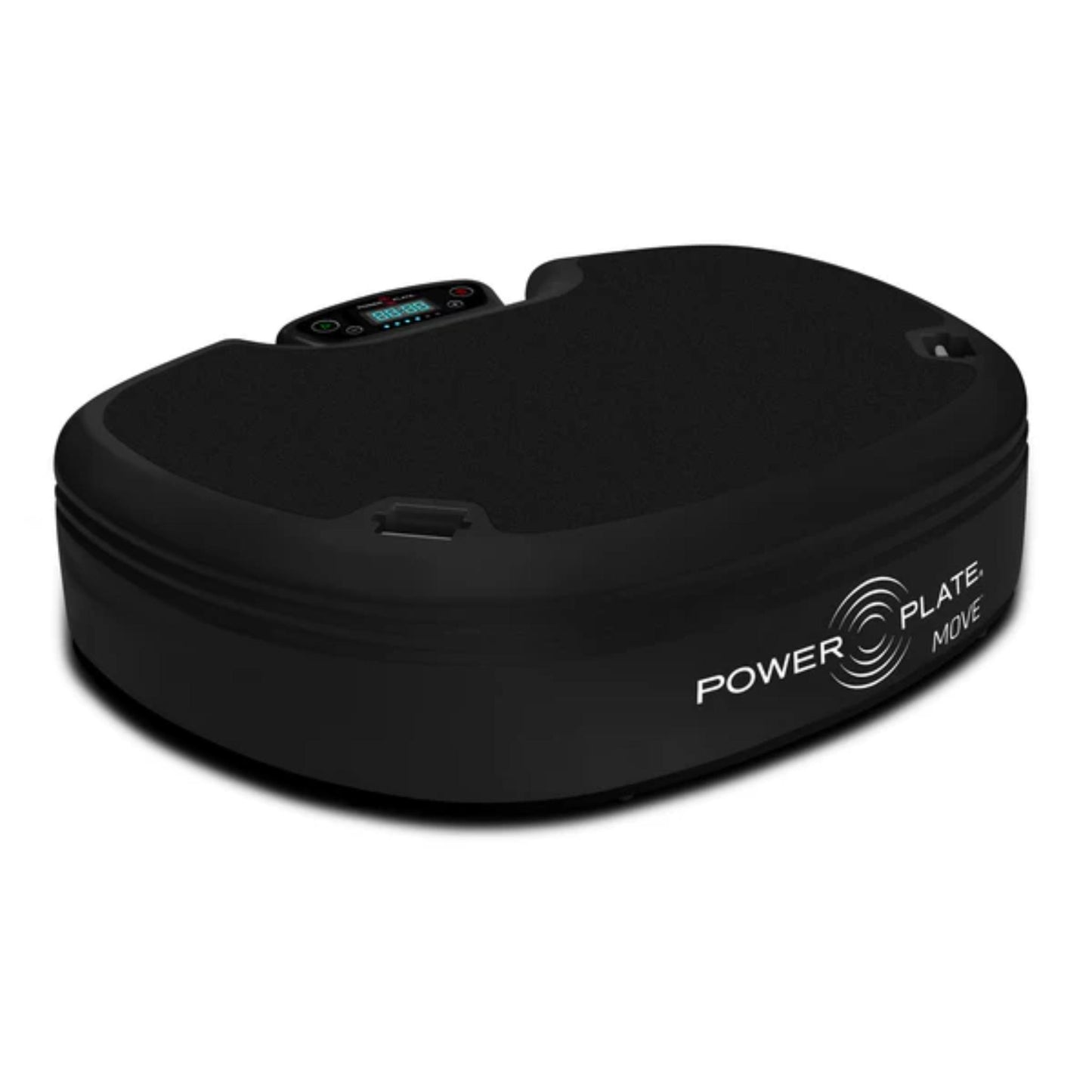 Matte black Power Plate MOVE vibration plate with black platform, shown on a white background