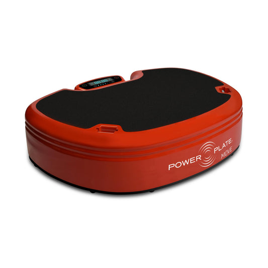 Red and black Power Plate MOVE vibration plate for whole-body training, shown on a white background