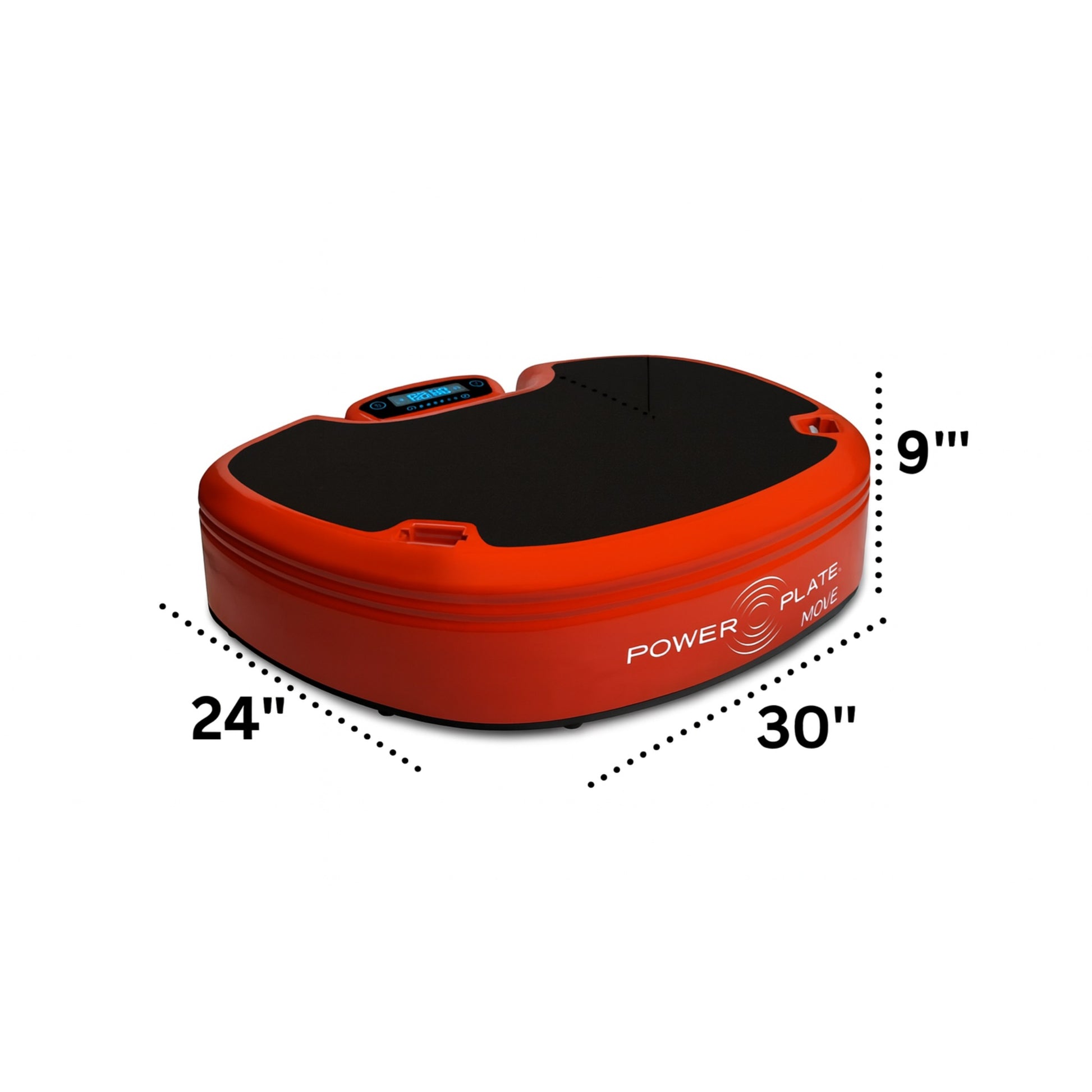 Red Power Plate MOVE vibration plate with 24-inch depth, 30-inch width, and 9-inch height labeled on a white background
