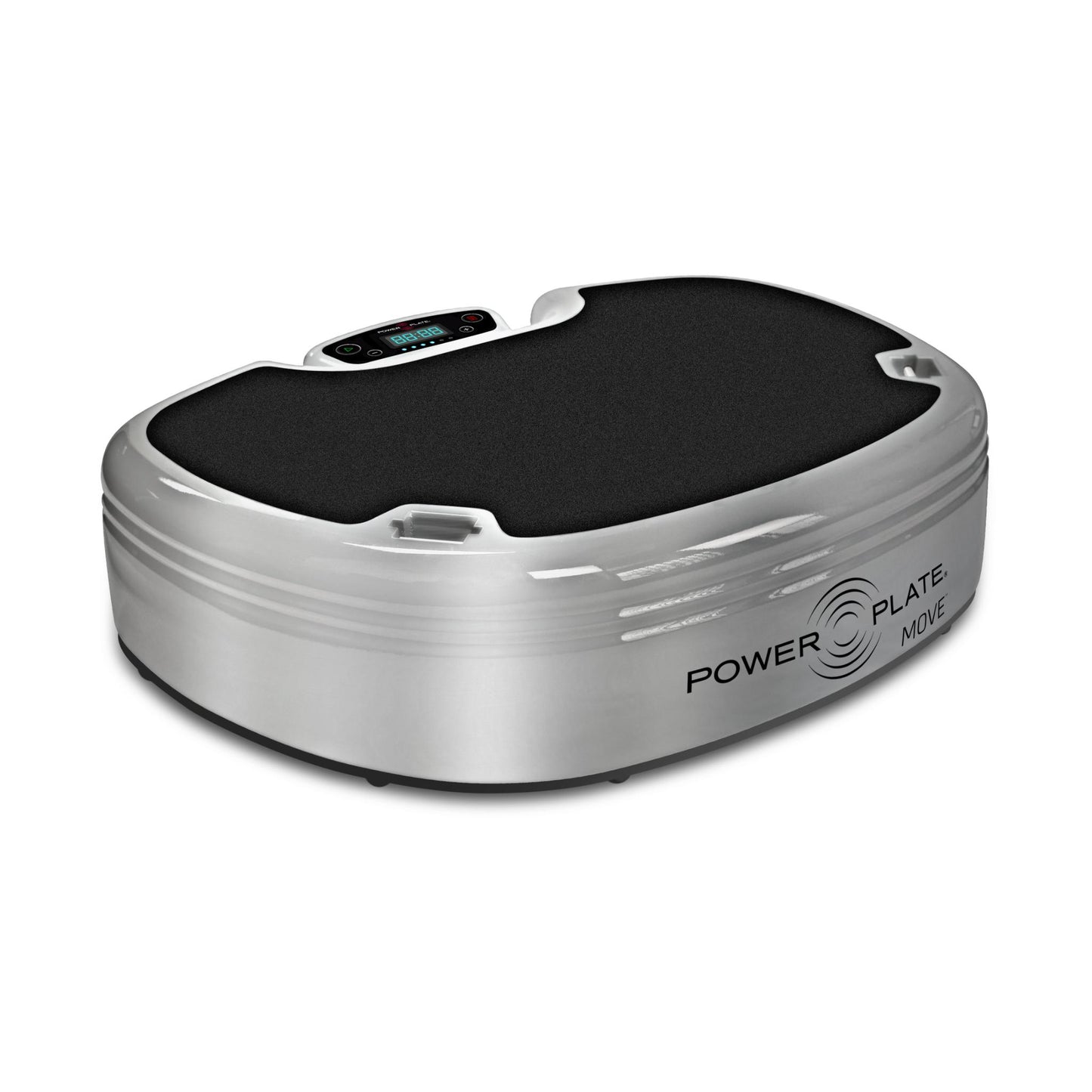 Silver Power Plate MOVE vibration plate with black platform, shown on a white background