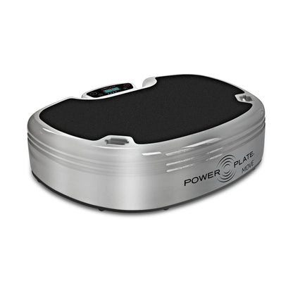Silver Power Plate MOVE vibration plate with black platform, shown on a white background