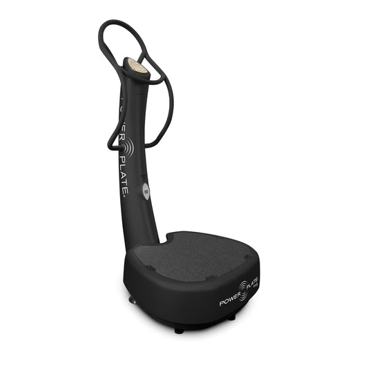 Black Power Plate my5 vibration plate with curved handlebars and black platform, shown on a white background