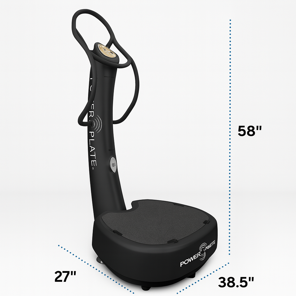 Black Power Plate my5 vibration plate with straight handlebars, displayed on a white background with labeled dimensions of 27" width, 38.5" depth, and 58" height