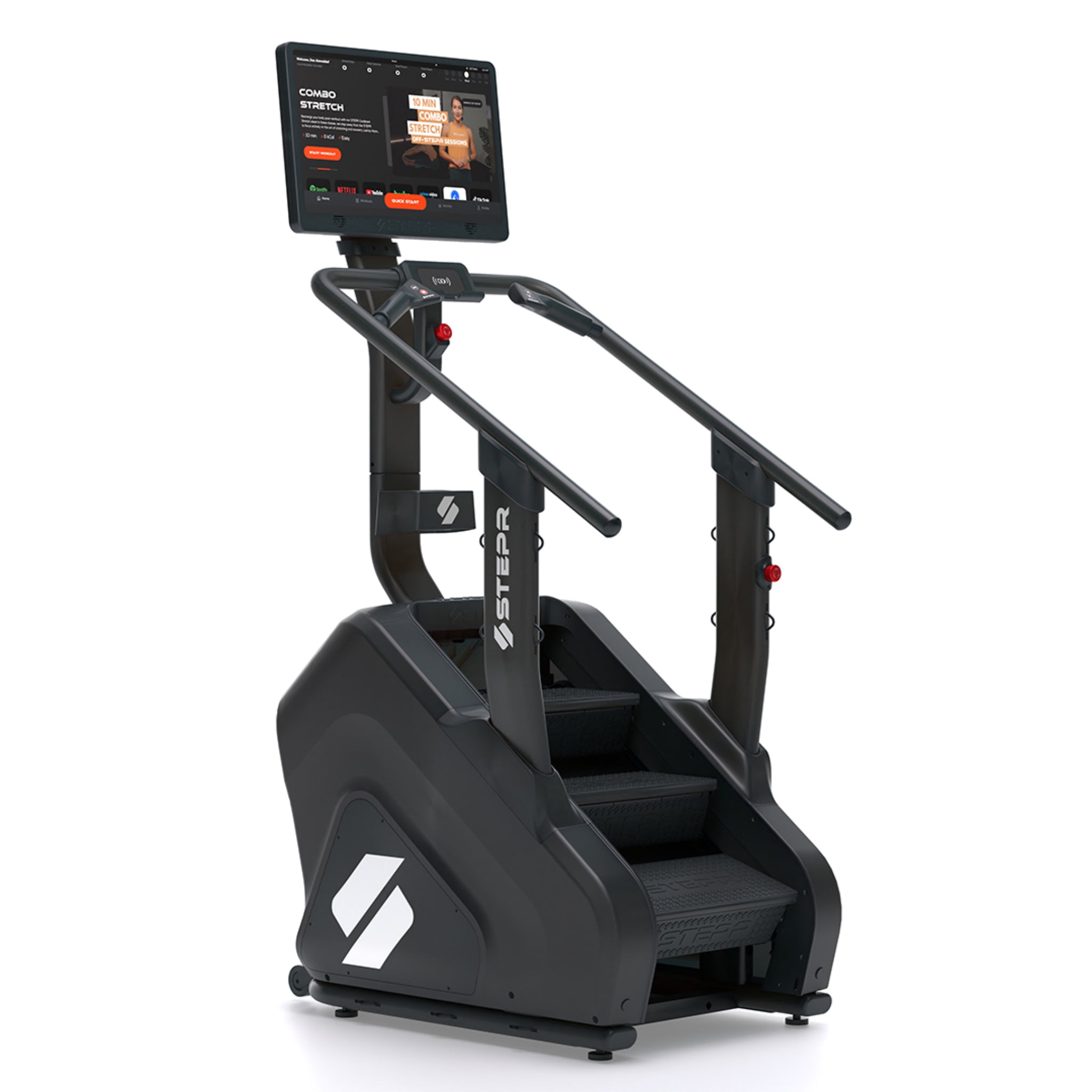 Angled view of the STEPR PRO + stair climber with 27-inch HD touchscreen console, oversized floating steps, and durable black frame for advanced home fitness.