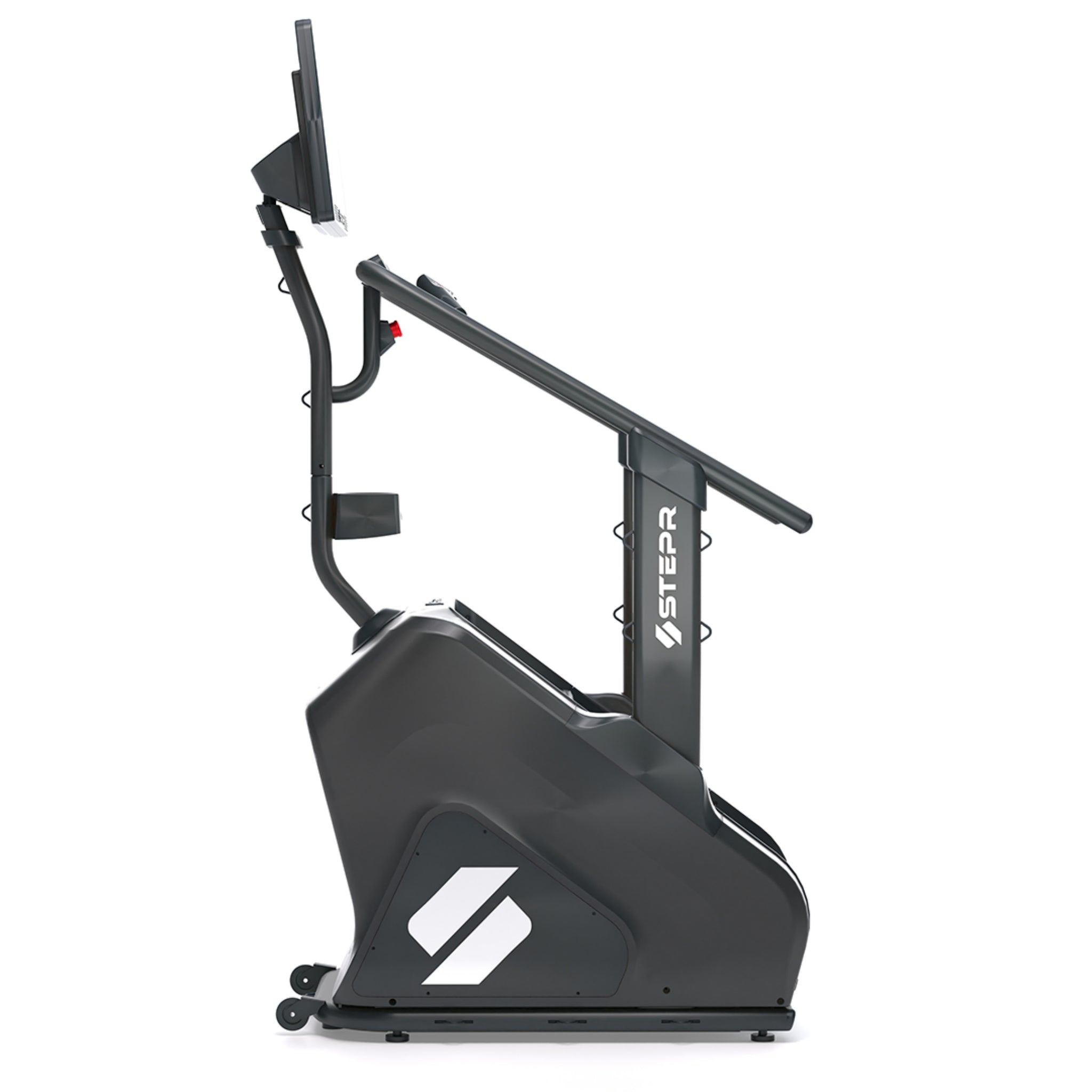 Side view of the STEPR Pro+ stair climber with 27-inch HD touchscreen console, oversized floating steps, and durable frame for advanced home workouts.