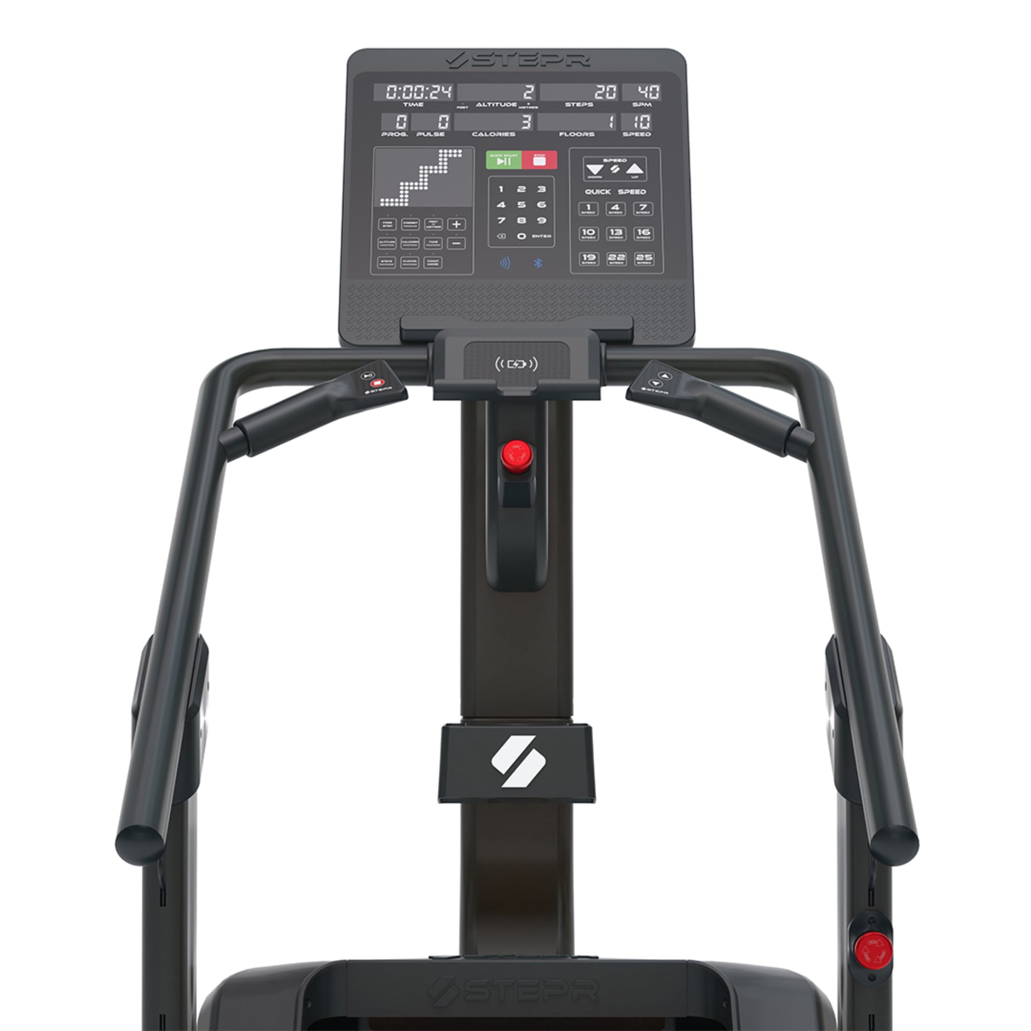 Close-up of the STEPR Pro Classic stair climber LED console displaying workout programs, resistance levels, and digital tracking features.